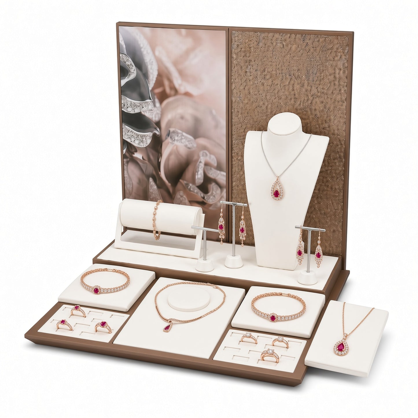 Custom Brown Split-Backdrop Jewelry Display Table Set with the full backdrop, styled with assorted necklaces, earrings, rings and bracelets