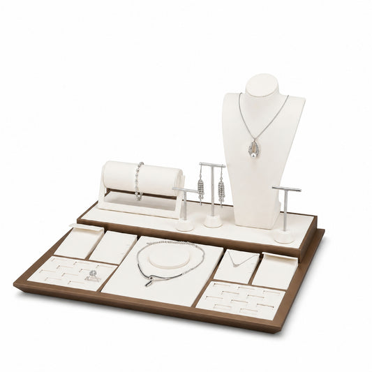 Custom Brown Split-Backdrop Jewelry Display Table Set shown without the backboard in a brown and cream arrangement with jewelry visible on the display pieces