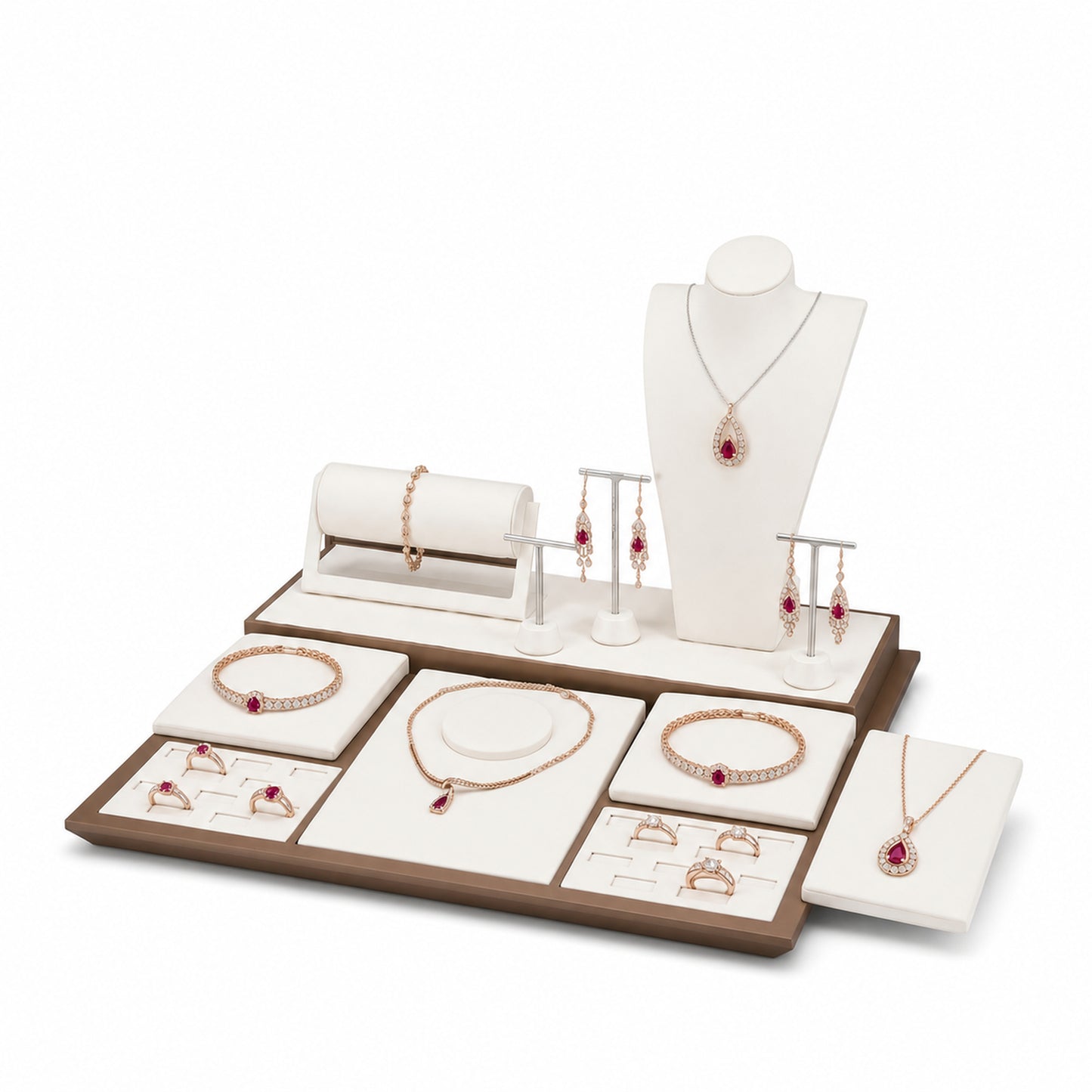 Custom Brown Split-Backdrop Jewelry Display Table Set without the backboard, styled with necklaces, earrings, rings and bracelets across the coordinated display pieces