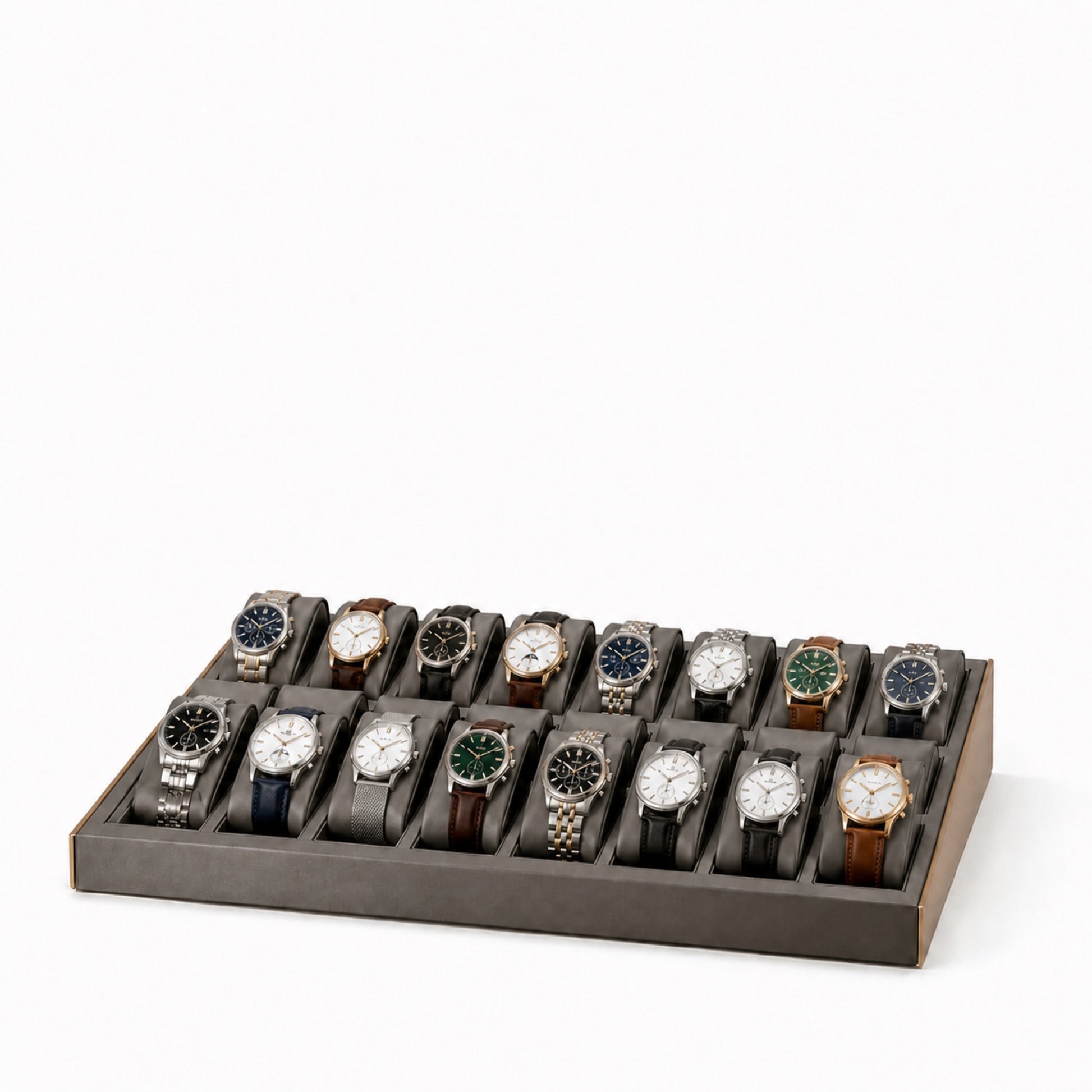 Custom Charcoal Bust and Watch Display Counter Set without the backboard, styled with watches and jewelry