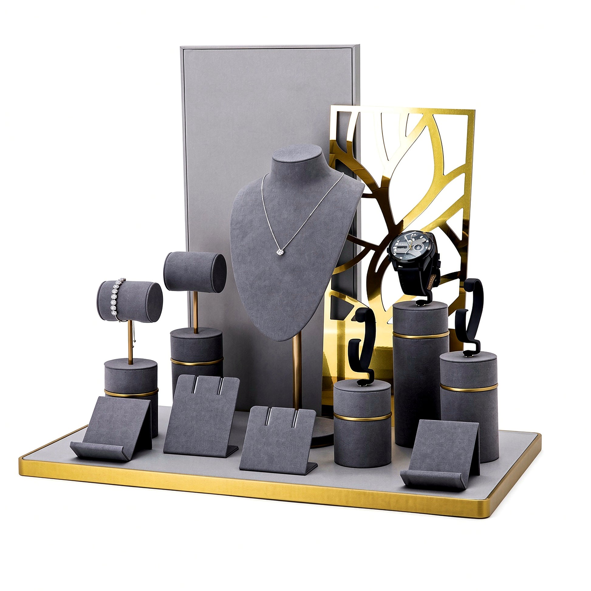Custom Charcoal Gold Jewelry Display Stand Collection with the full backboard in charcoal gray and gold, showing the complete display configuration