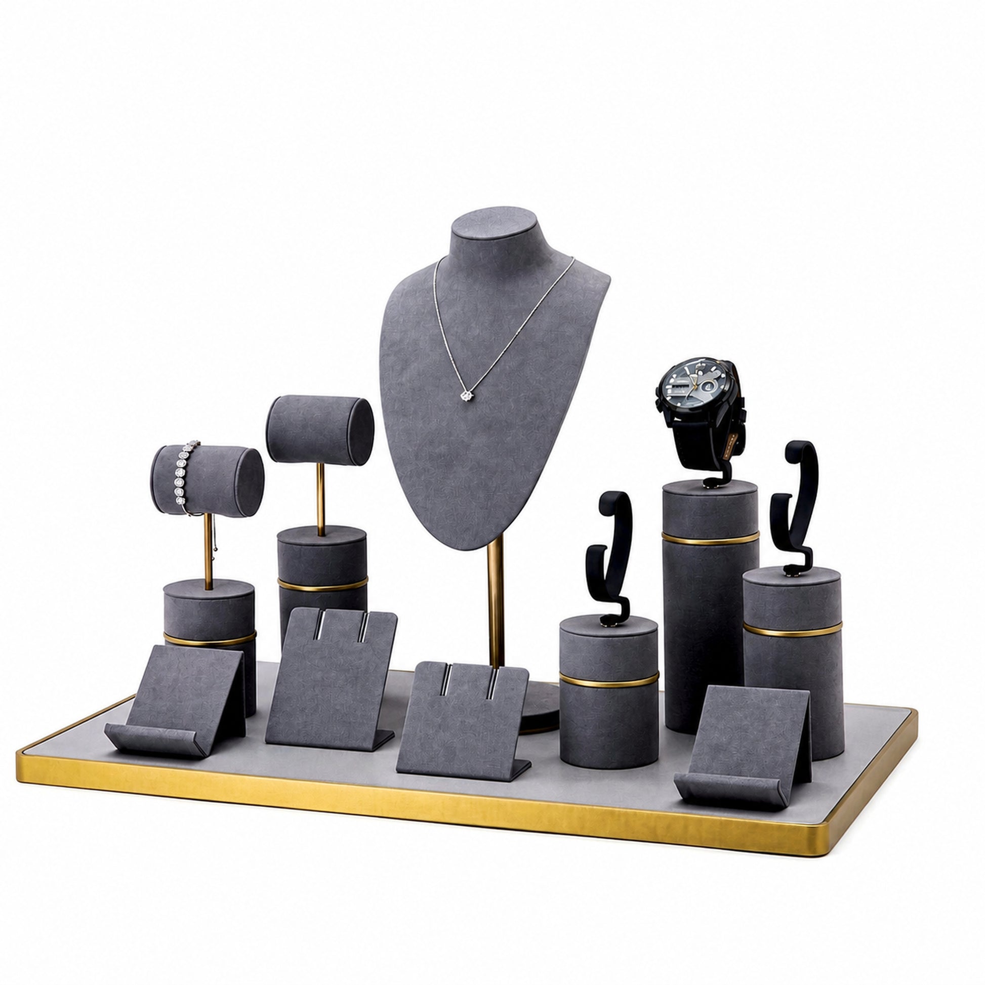 Custom Charcoal Gold Jewelry Display Stand Collection without the backboard, showing necklace bust, bracelet rolls, watch cushions, earring stands and ring pads for configuration review
