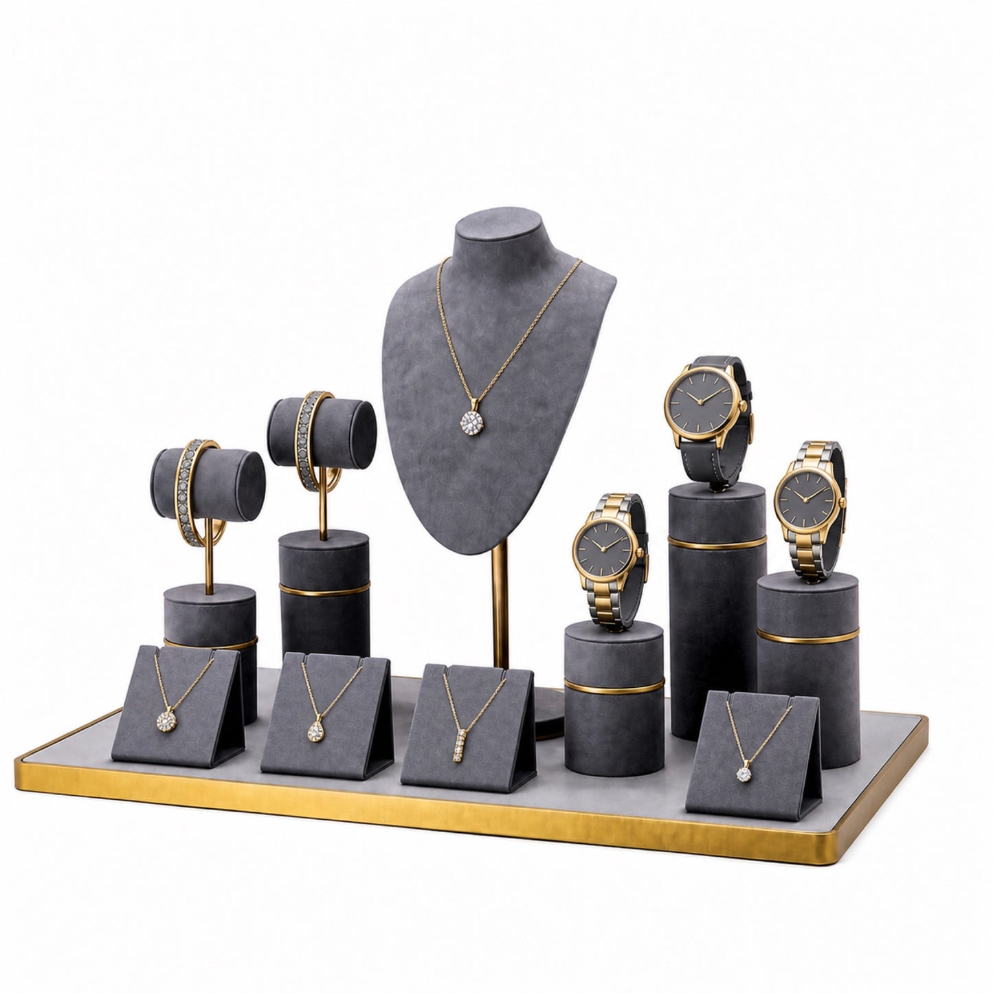 Custom Charcoal Gold Jewelry Display Stand Collection without the backboard, styled with jewelry and watches across the coordinated display pieces