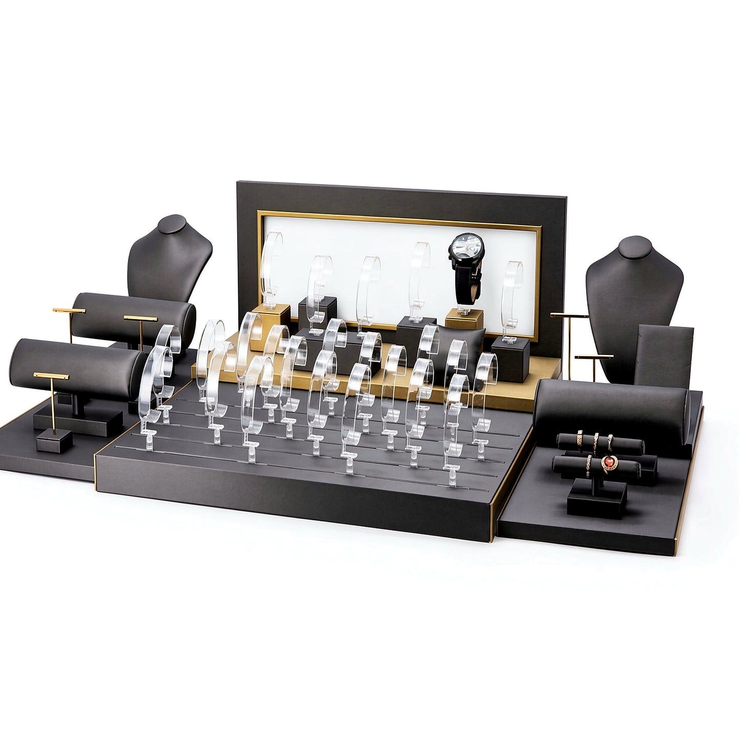 Custom Charcoal Gold Showcase Watch Display Set with the full backboard for configuration review