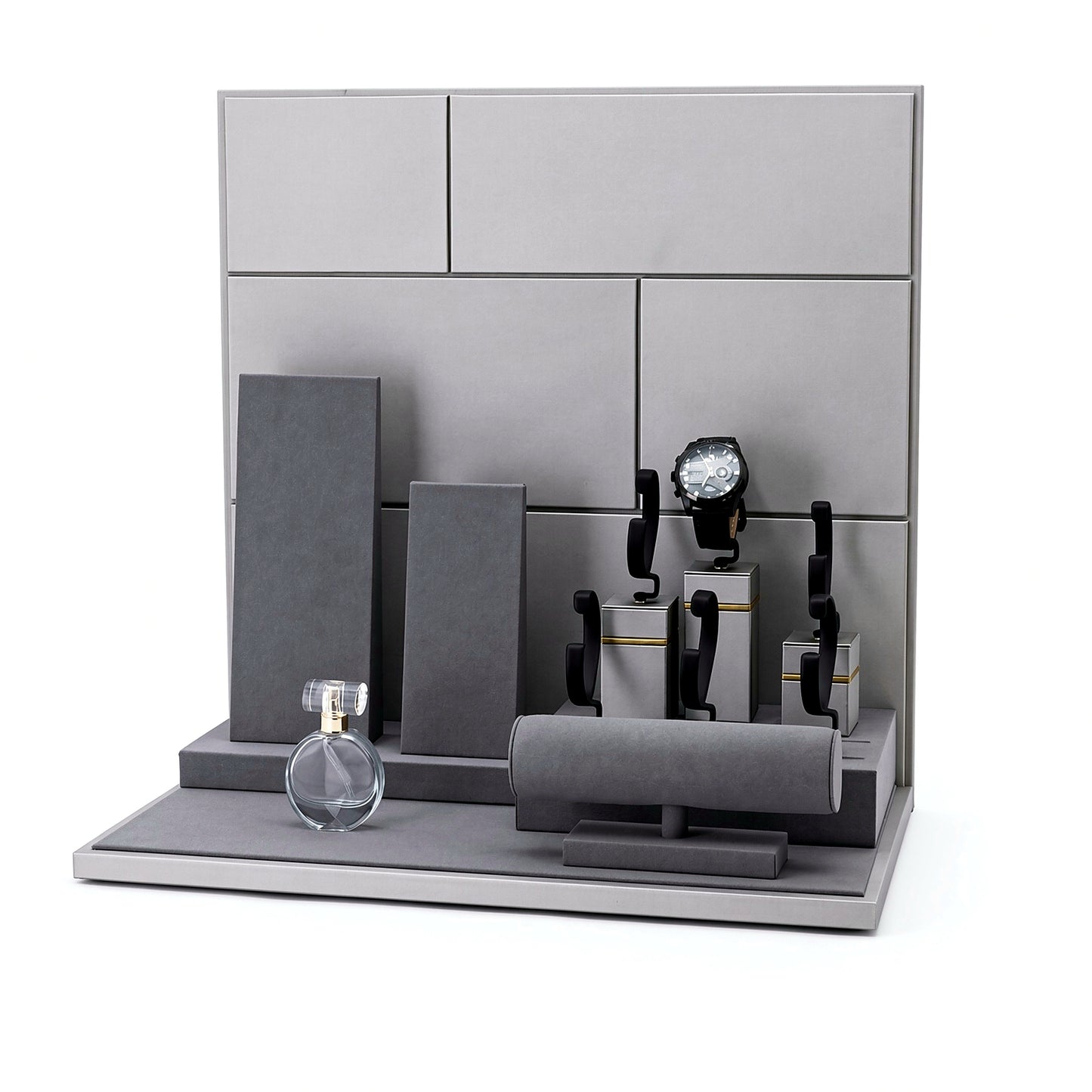 Custom Charcoal Multi-Level Watch Display Set with the full backboard for configuration review