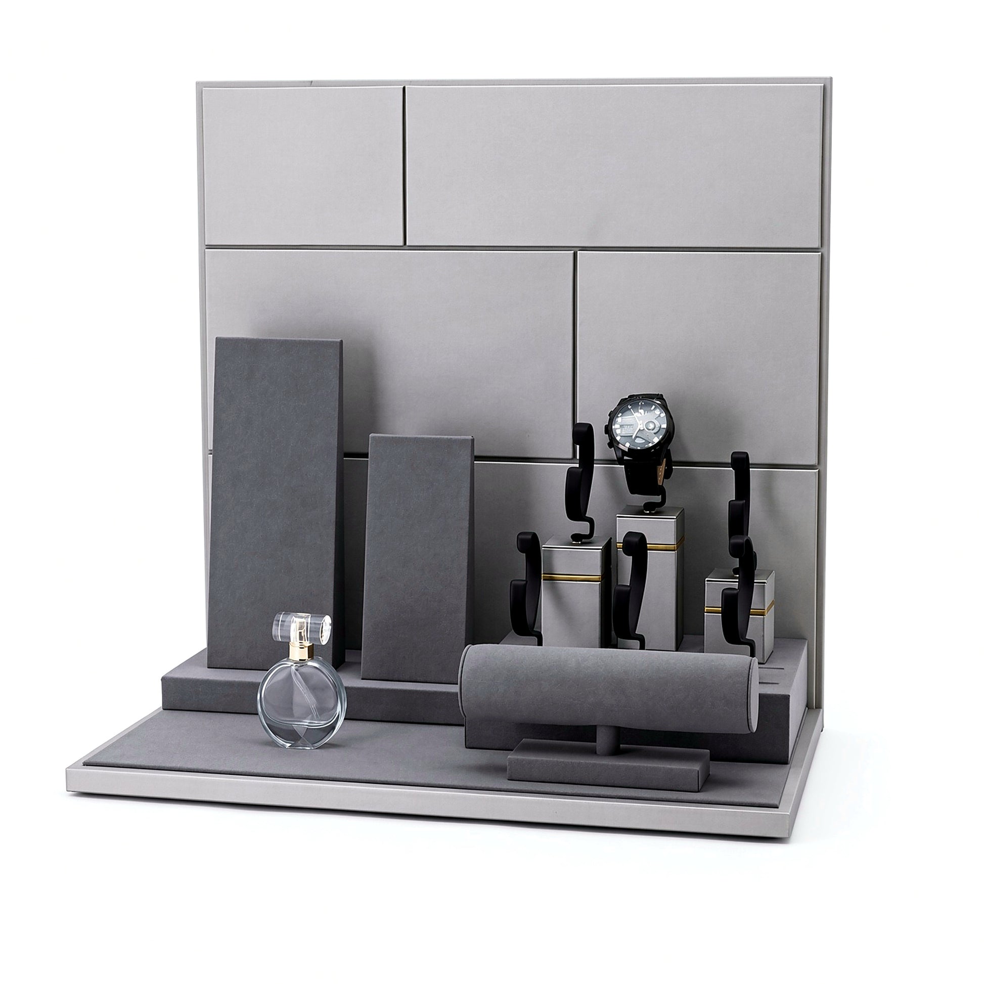 Custom Charcoal Multi-Level Watch Display Set with the full backboard for configuration review