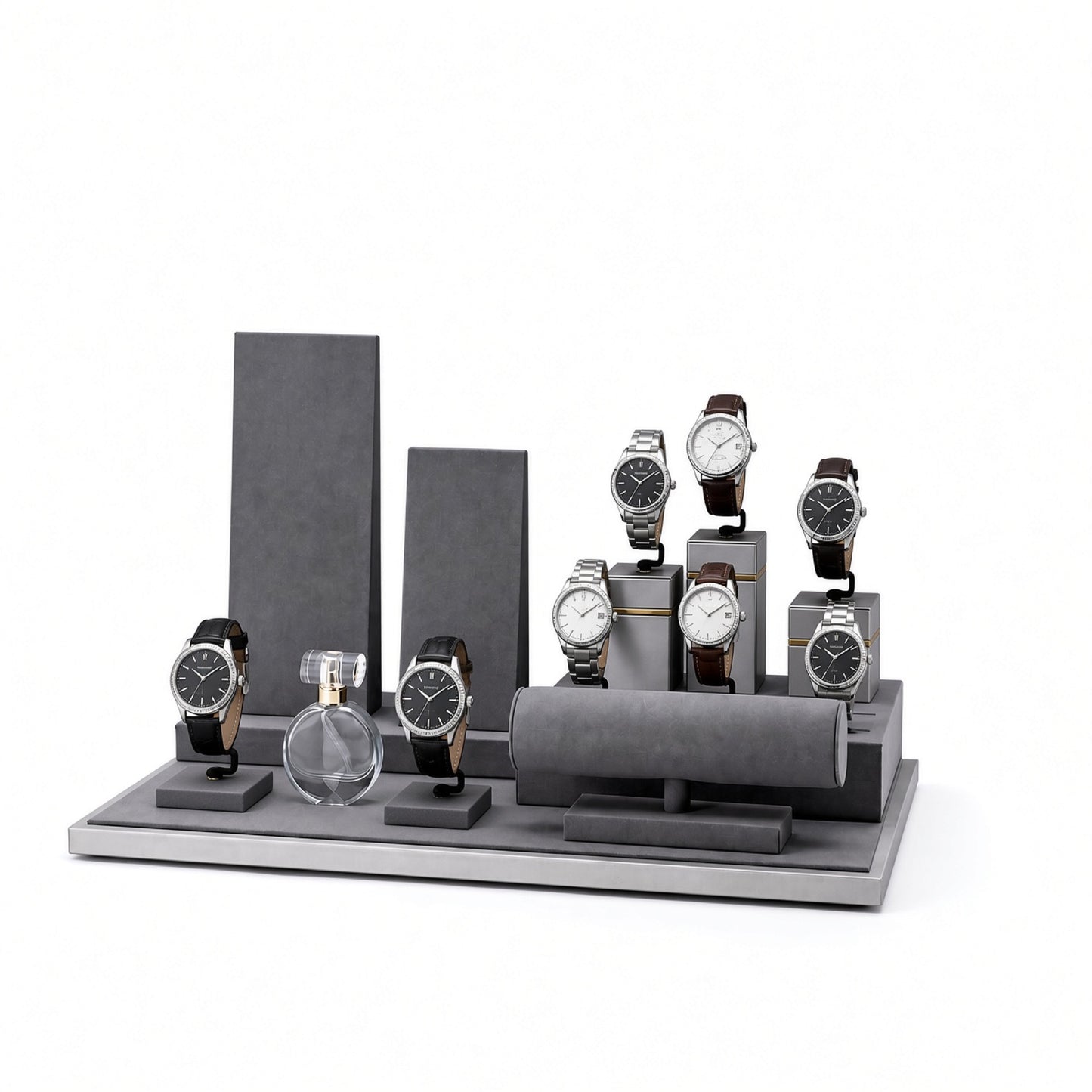 Custom Charcoal Multi-Level Watch Display Set without the backboard, styled with watches and jewelry