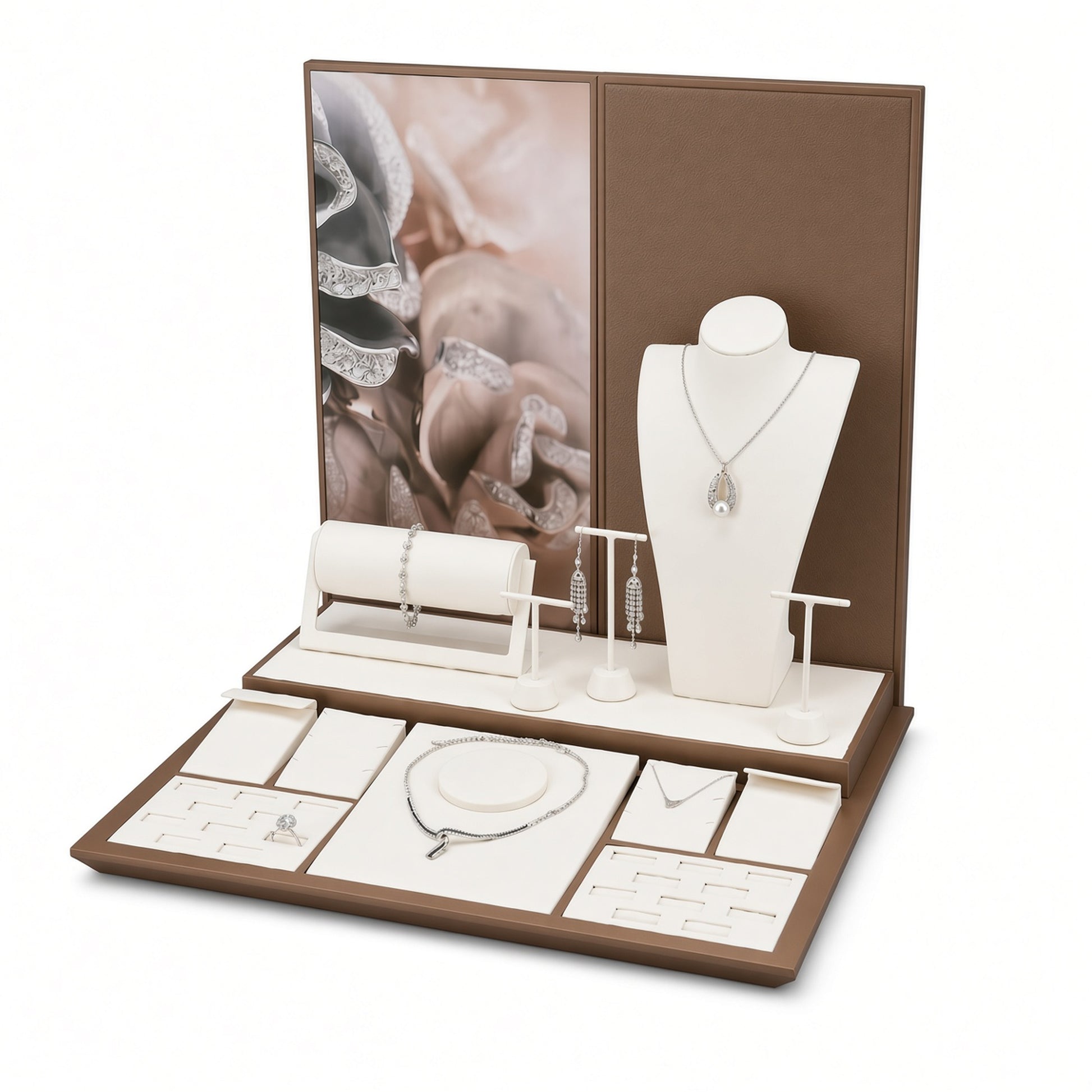 Custom Cream and Brown Jewelry Display Counter Set shown with the full backdrop and coordinated low tray system, elevated bust, bracelet roll, earring bars and ring slots for configuration review
