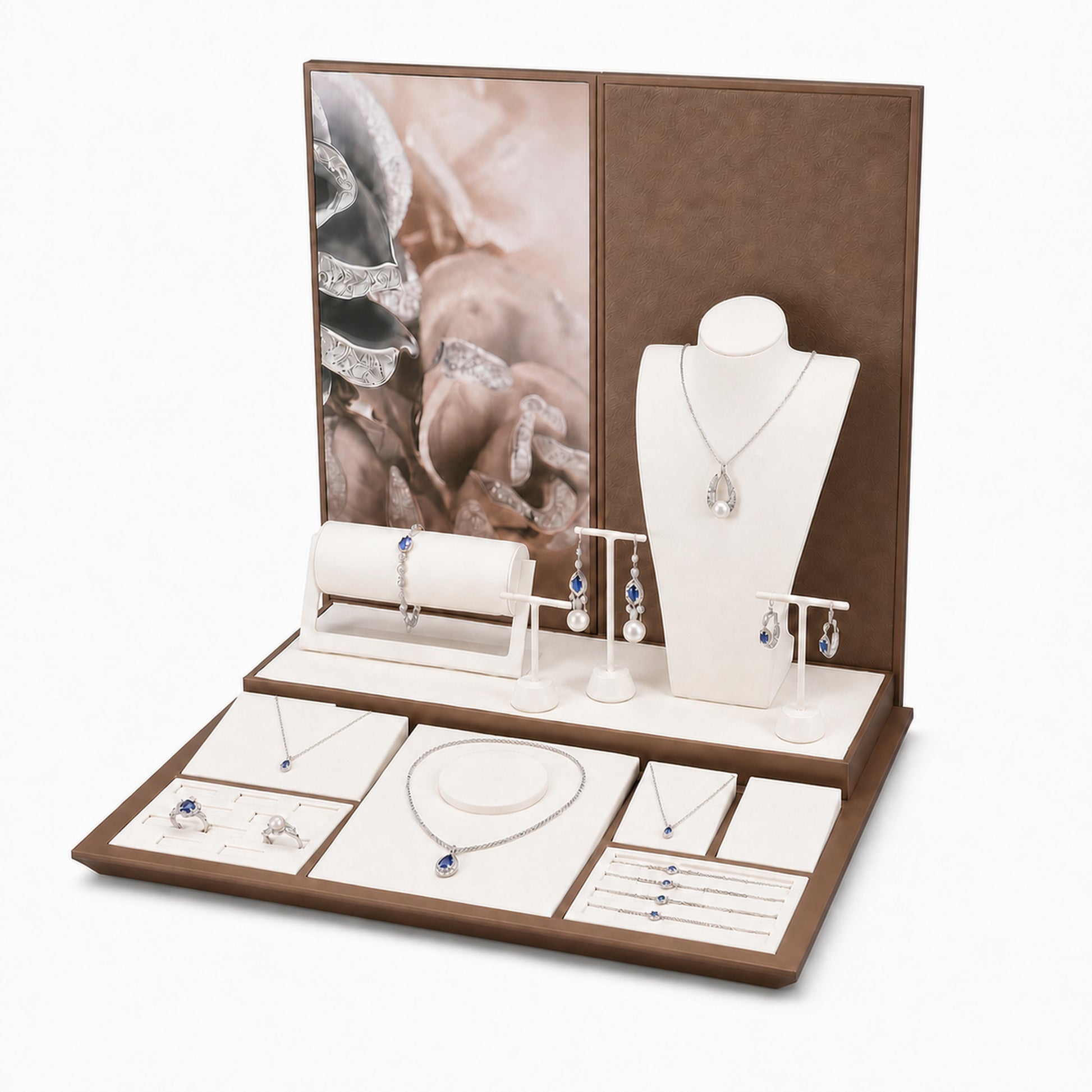 Custom Cream and Brown Jewelry Display Counter Set with the full backdrop, styled with assorted necklaces, earrings, rings and bracelets
