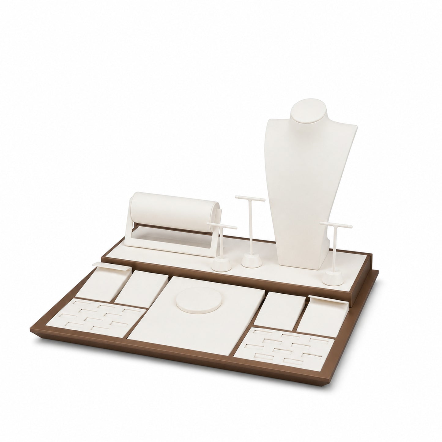 Custom Cream and Brown Jewelry Display Counter Set shown without the backboard in a cream and brown arrangement with the display pieces presented for configuration review