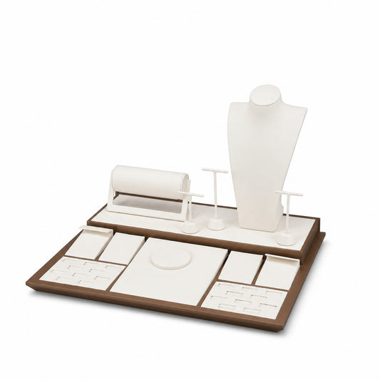 Custom Cream and Brown Jewelry Display Counter Set shown without the backboard in a cream and brown arrangement with the display pieces presented for configuration review