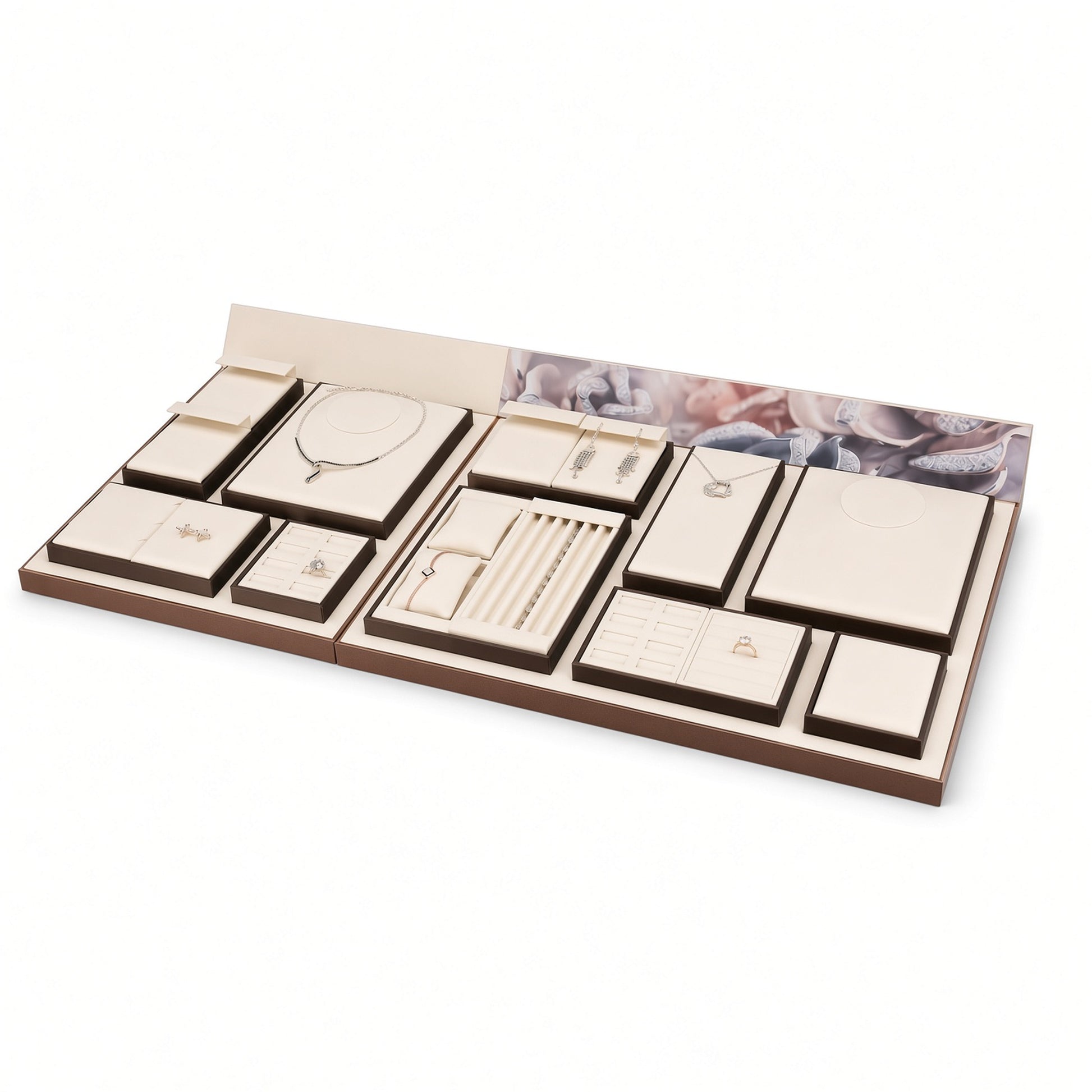 Custom Cream Compartment Jewelry Display Tray Collection shown with the full backdrop and coordinated wide compartment tray system with necklace panels, ring slots and bracelet channel for configuration review