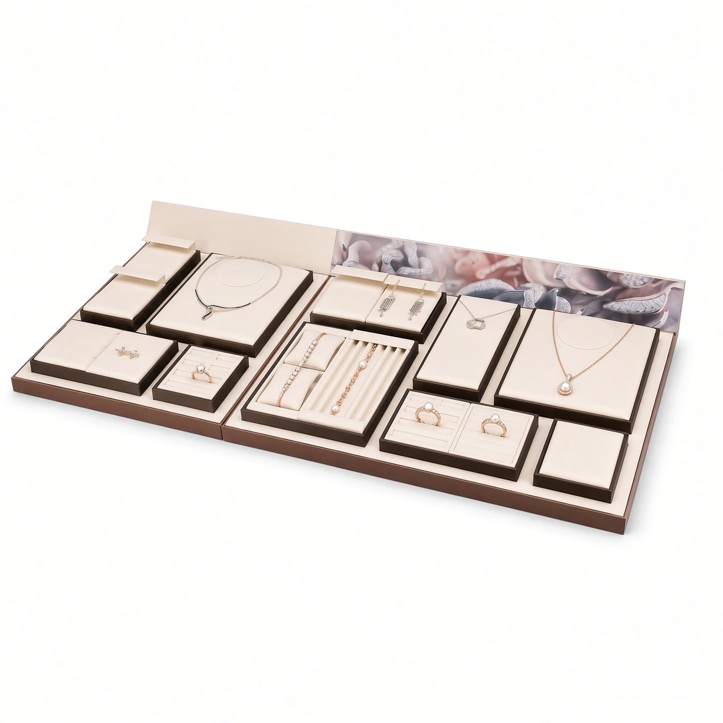 Custom Cream Compartment Jewelry Display Tray Collection with the full backdrop, styled with assorted necklaces, earrings, rings and bracelets