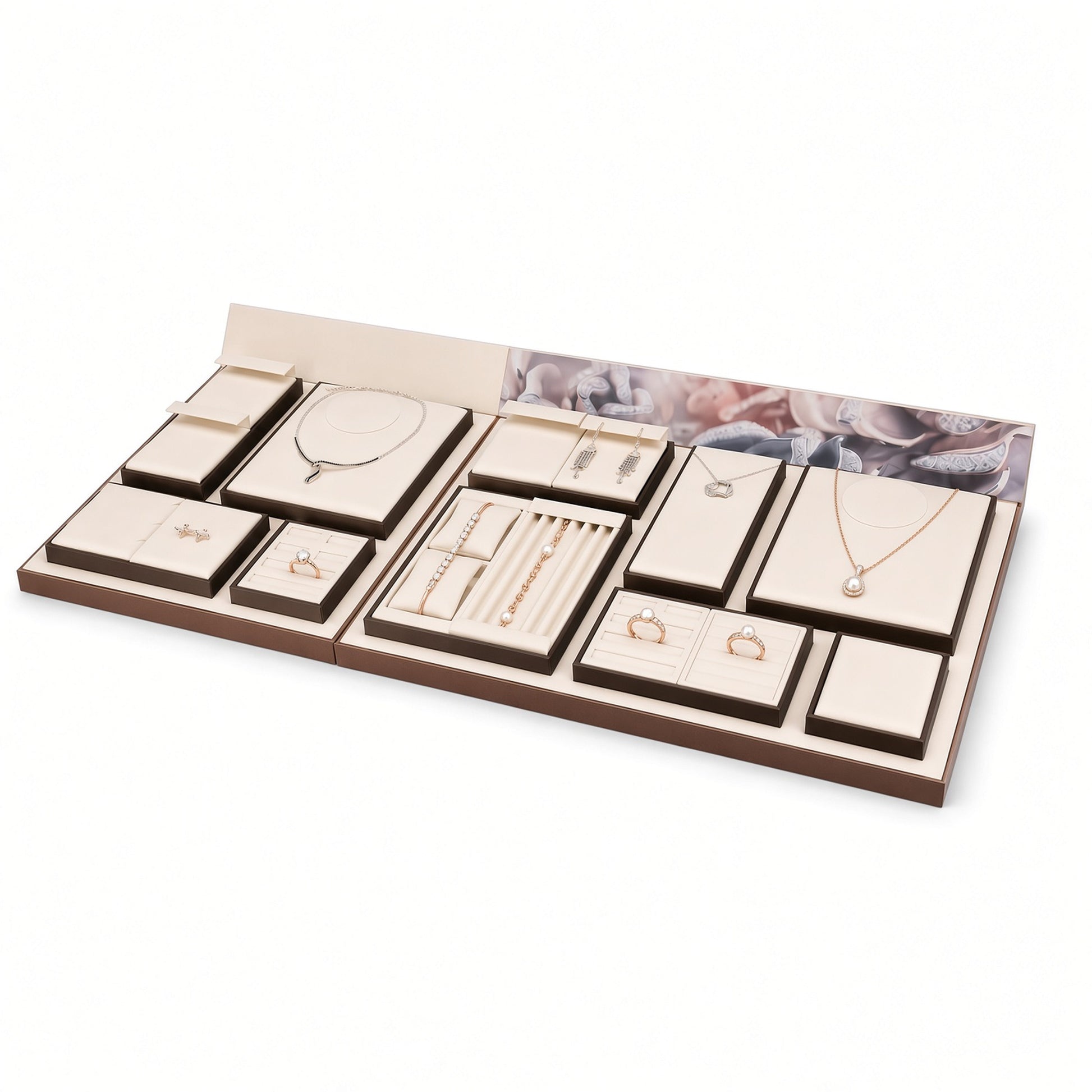 Custom Cream Compartment Jewelry Display Tray Collection with the full backdrop, styled with assorted necklaces, earrings, rings and bracelets