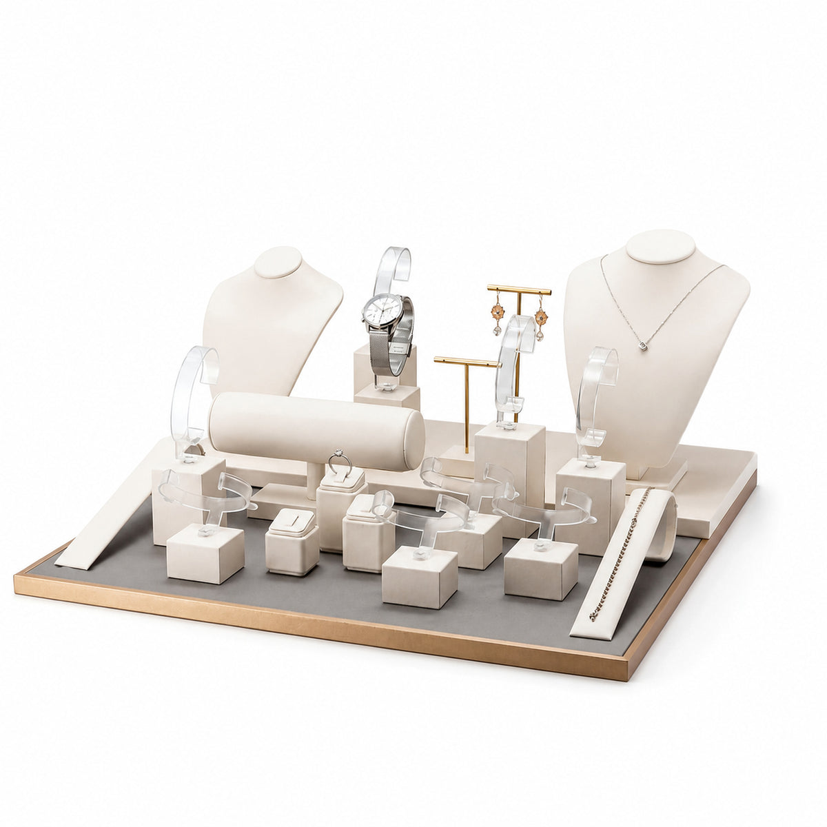 Cream and gold jewelry display set with necklace busts, bracelet roll, ring blocks and earring stands