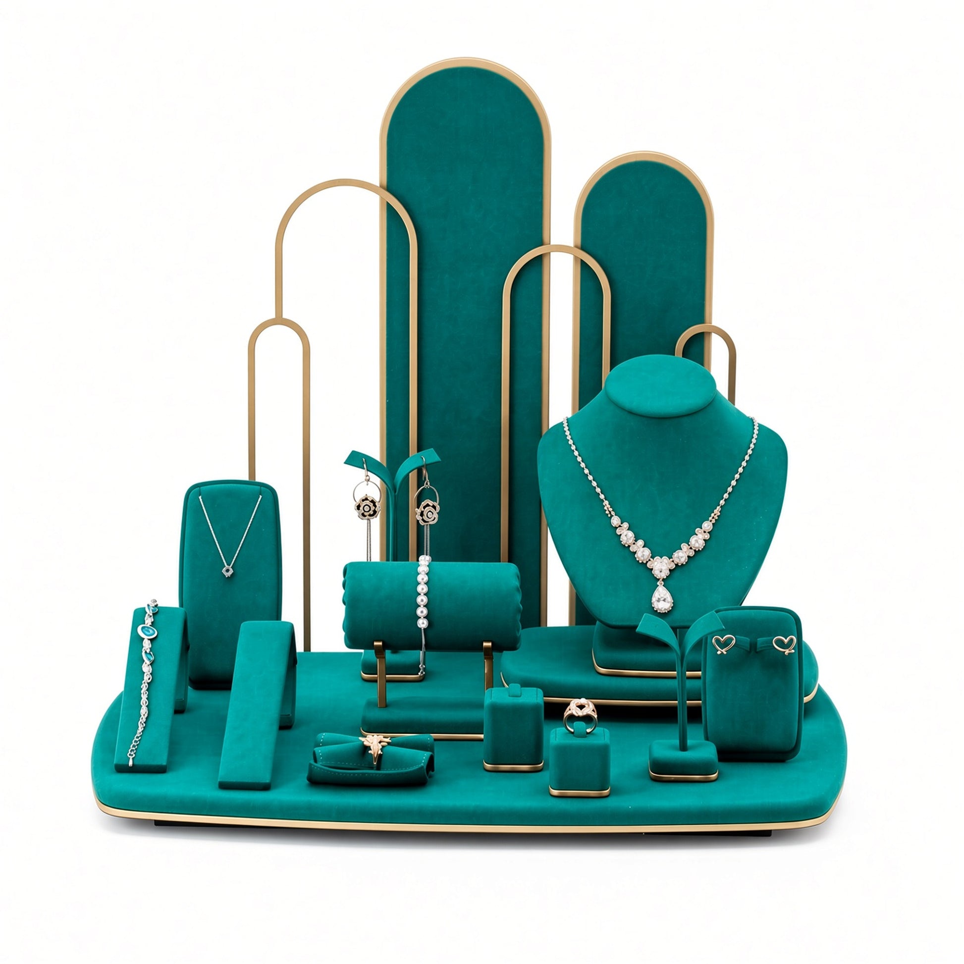 Custom Emerald Arch Showcase Jewelry Display Set shown with the full backdrop and coordinated arched panels, large bust, bracelet rolls, T-bars, ring blocks and rounded base for configuration review