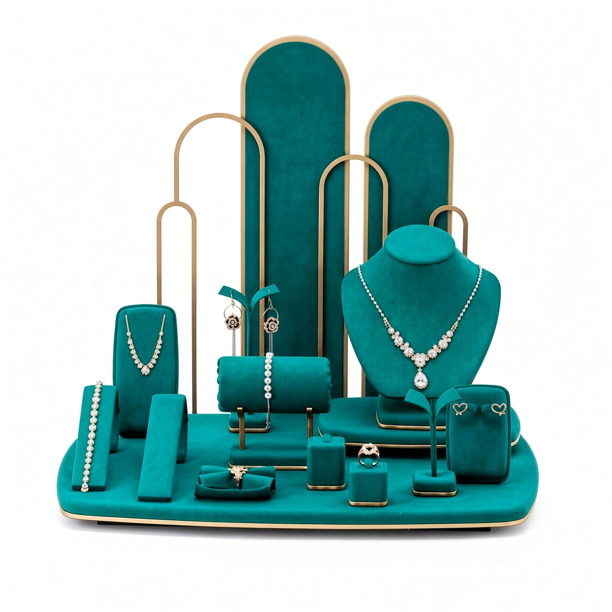 Custom Emerald Arch Showcase Jewelry Display Set with the full backdrop, styled with assorted necklaces, earrings, rings and bracelets