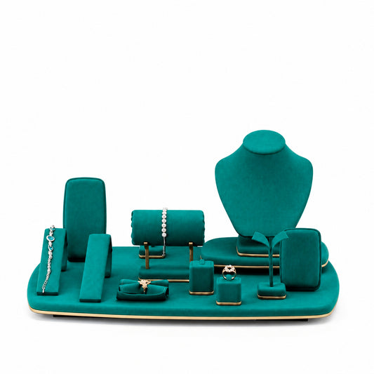 Custom Emerald Arch Showcase Jewelry Display Set shown without the backboard in a emerald and gold arrangement with jewelry visible on the display pieces