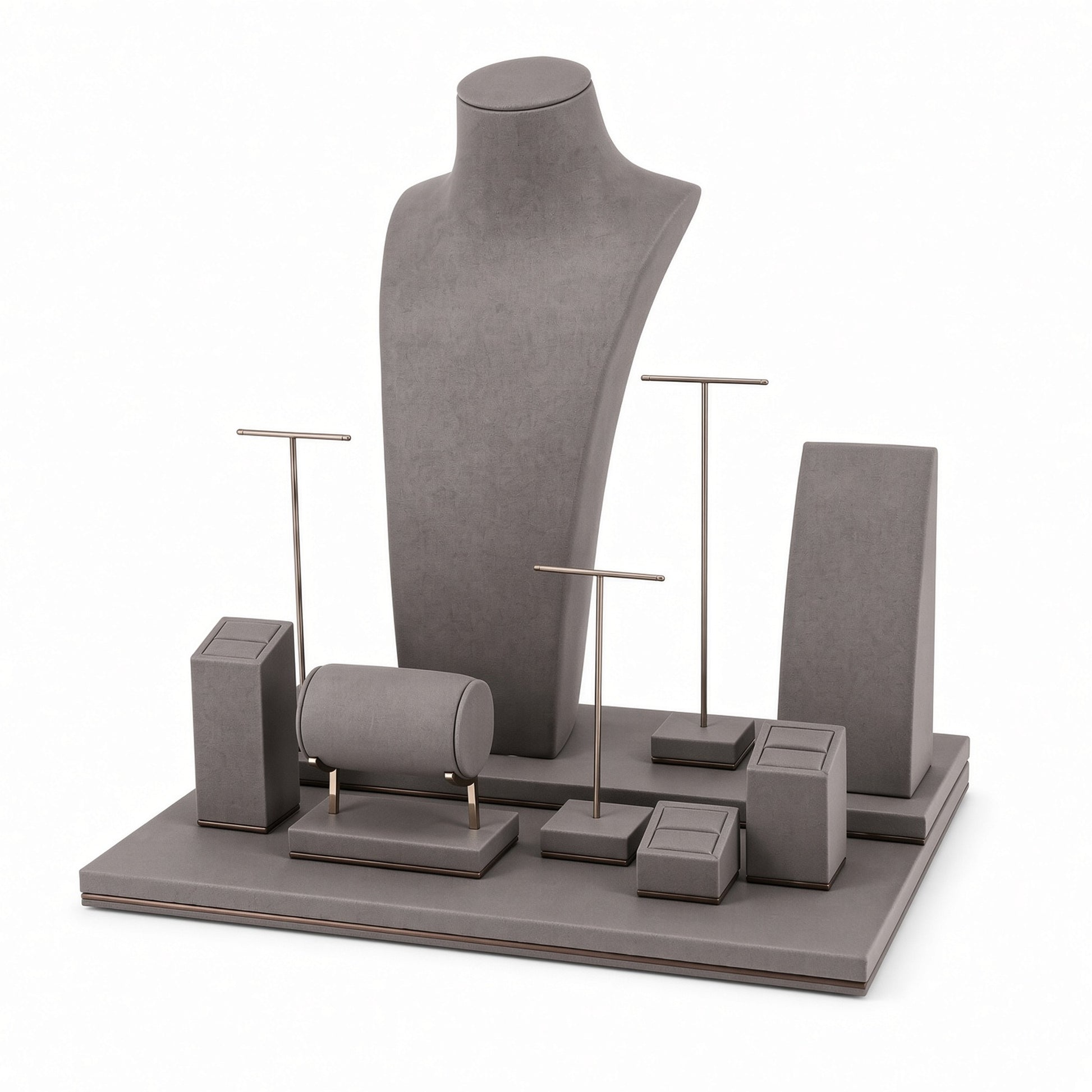 Custom Gray Coordinated Jewelry Retail Display Set shown with the full backdrop and coordinated large central bust, two necklace boards, T-bars, bracelet roll and ring blocks for configuration review