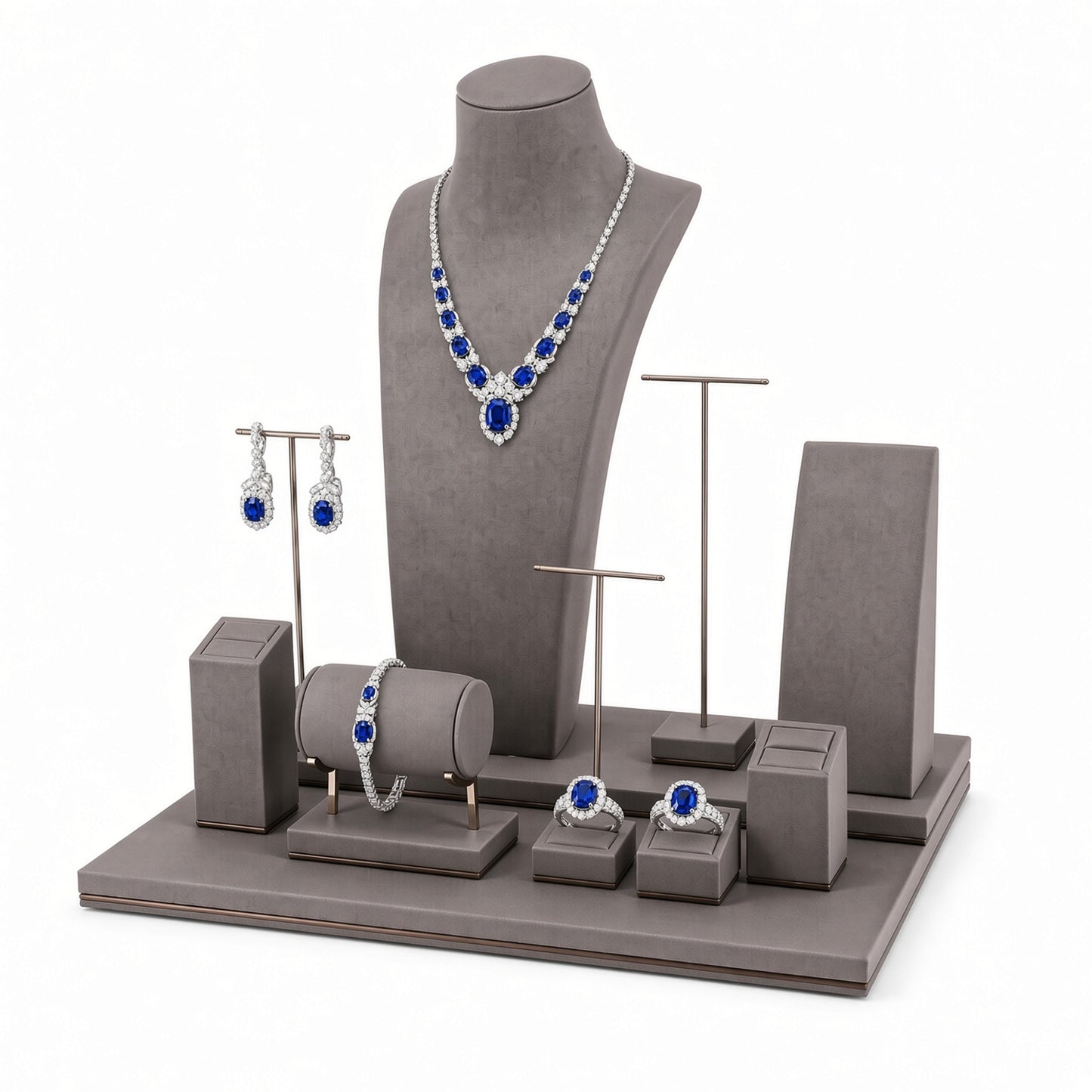 Custom Gray Coordinated Jewelry Retail Display Set with the full backdrop, styled with assorted necklaces, earrings, rings and bracelets