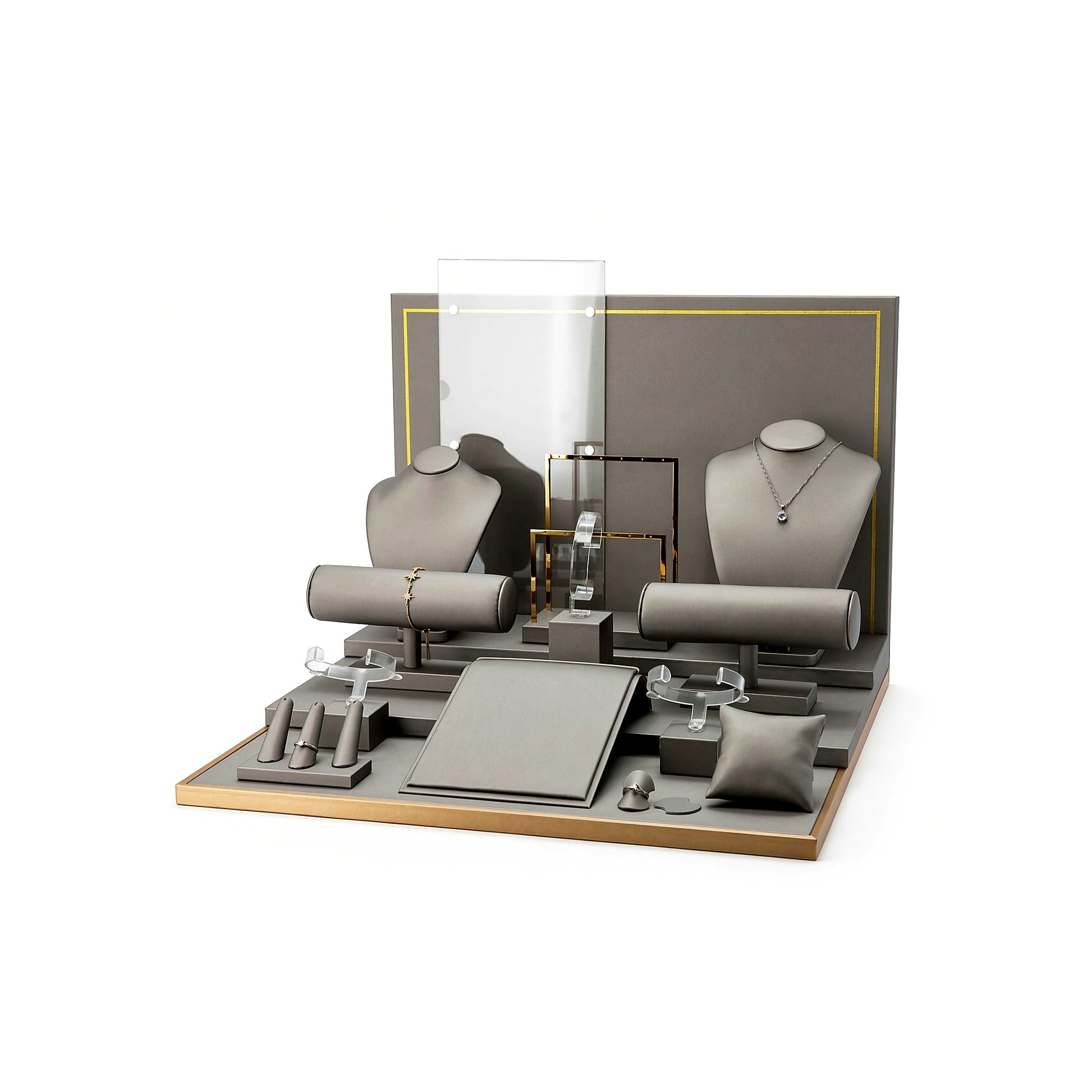 Custom Gray Countertop Jewelry Display Set with the full backboard in gray, black and warm wood, showing the complete display configuration