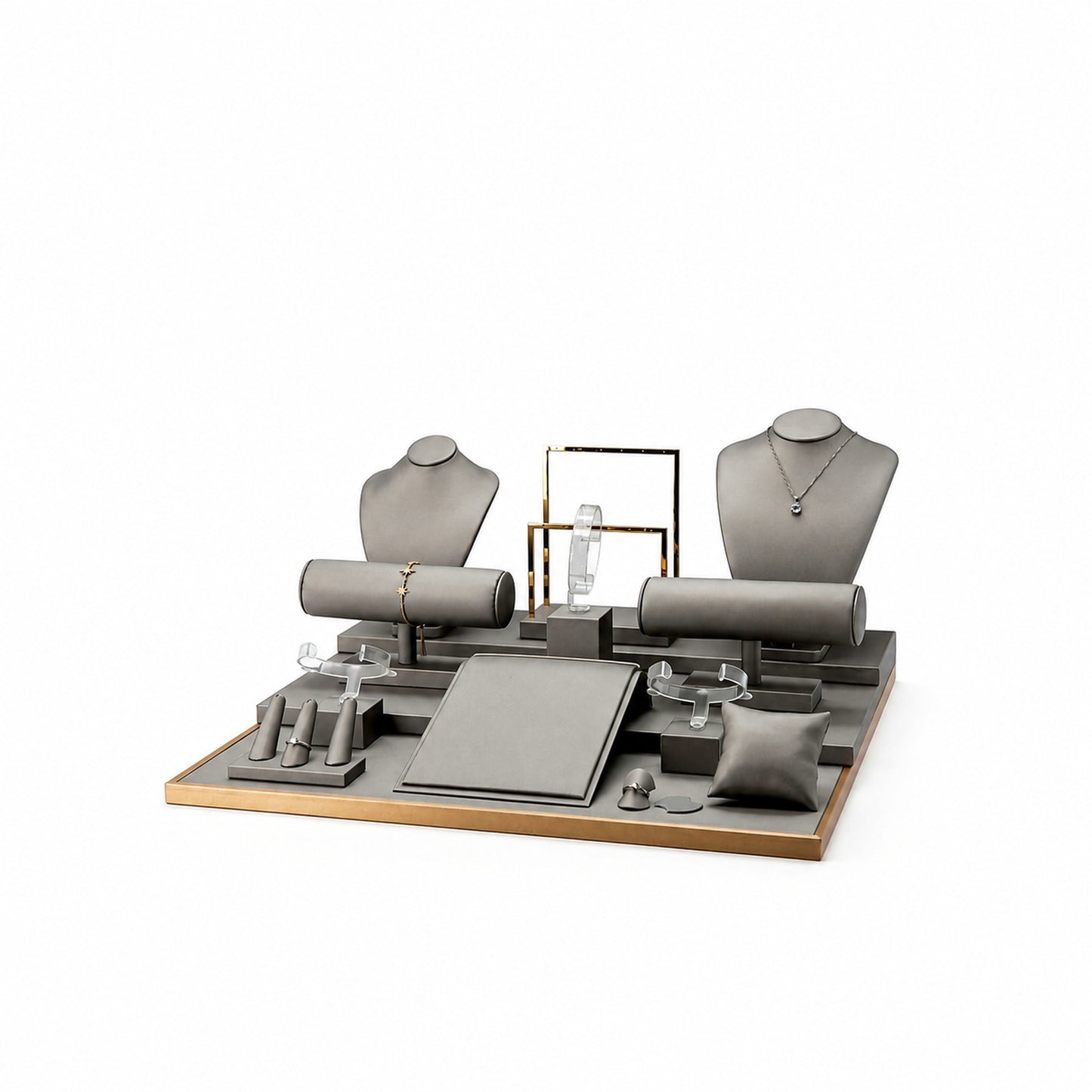 Custom Gray Countertop Jewelry Display Set without the backboard, showing two necklace busts, bracelet rolls, T-bars, angled trays and ring pads for configuration review