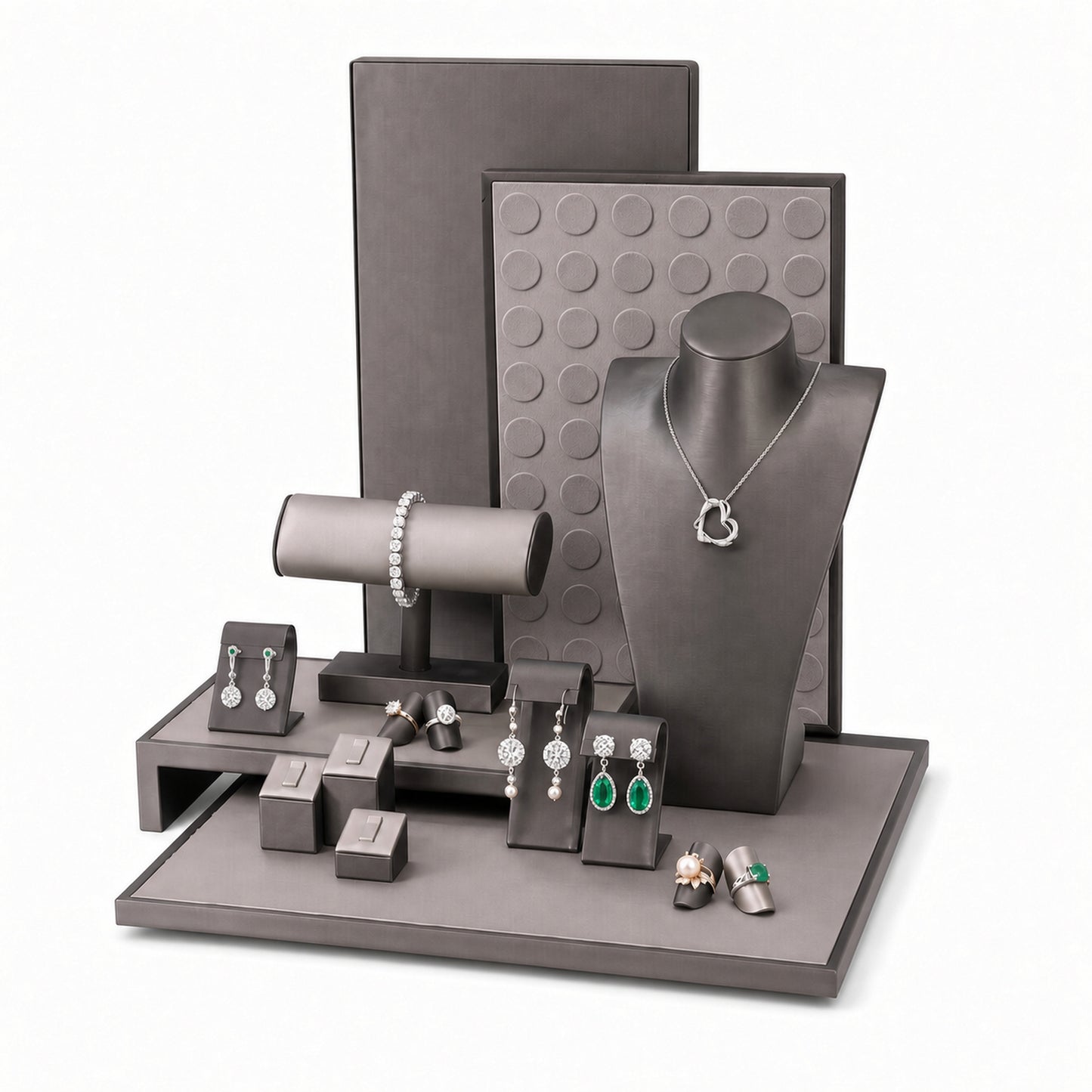Custom Gray Elevated-Bridge Jewelry Display Props Set with the full backdrop, styled with assorted necklaces, earrings, rings and bracelets
