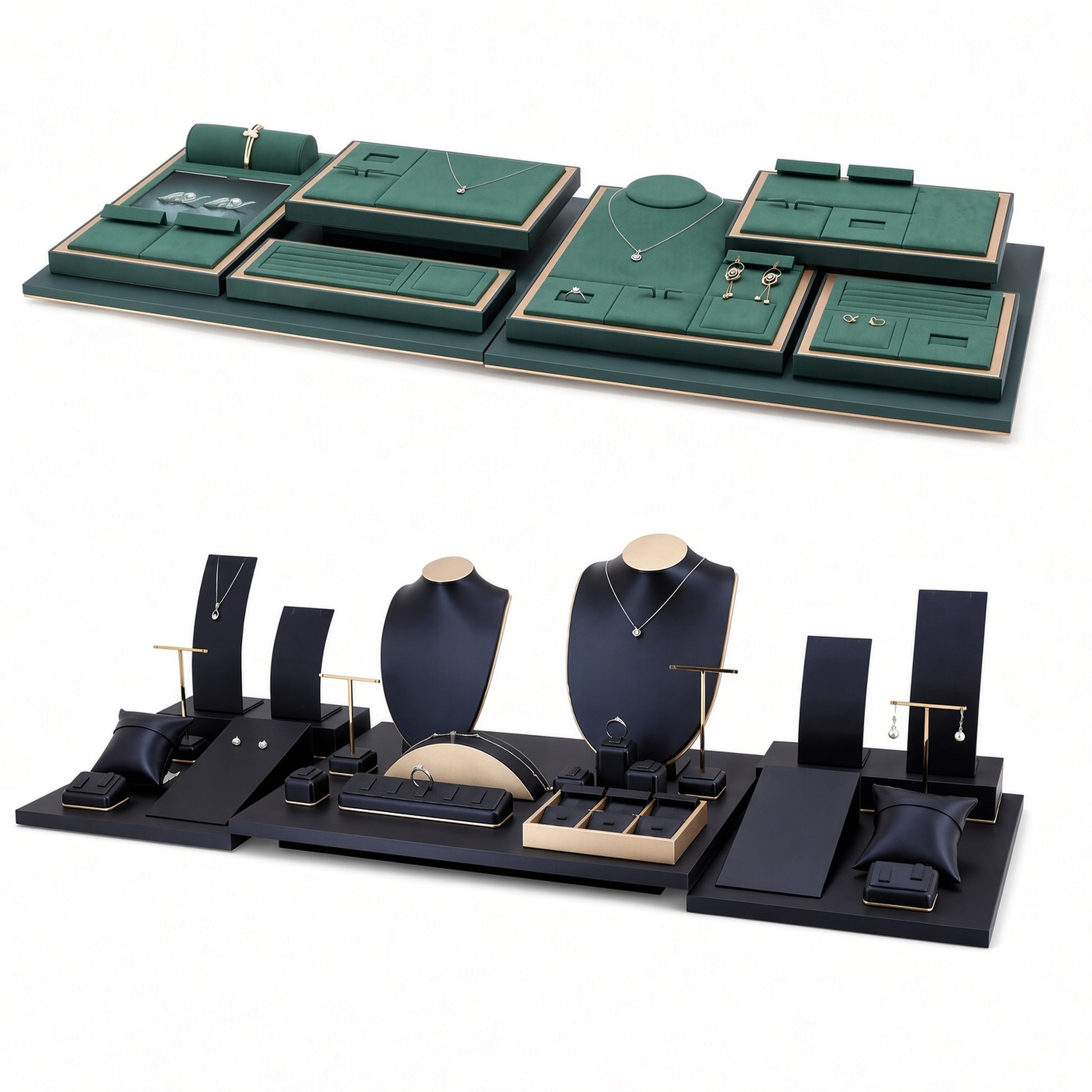 Custom Green and Black Modular Jewelry Display Tray System shown without the backboard in a green, black and gold accents arrangement with jewelry visible on the display pieces