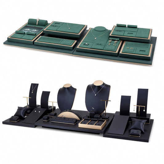 Custom Green and Black Modular Jewelry Display Tray System shown without the backboard in a green, black and gold accents arrangement with jewelry visible on the display pieces