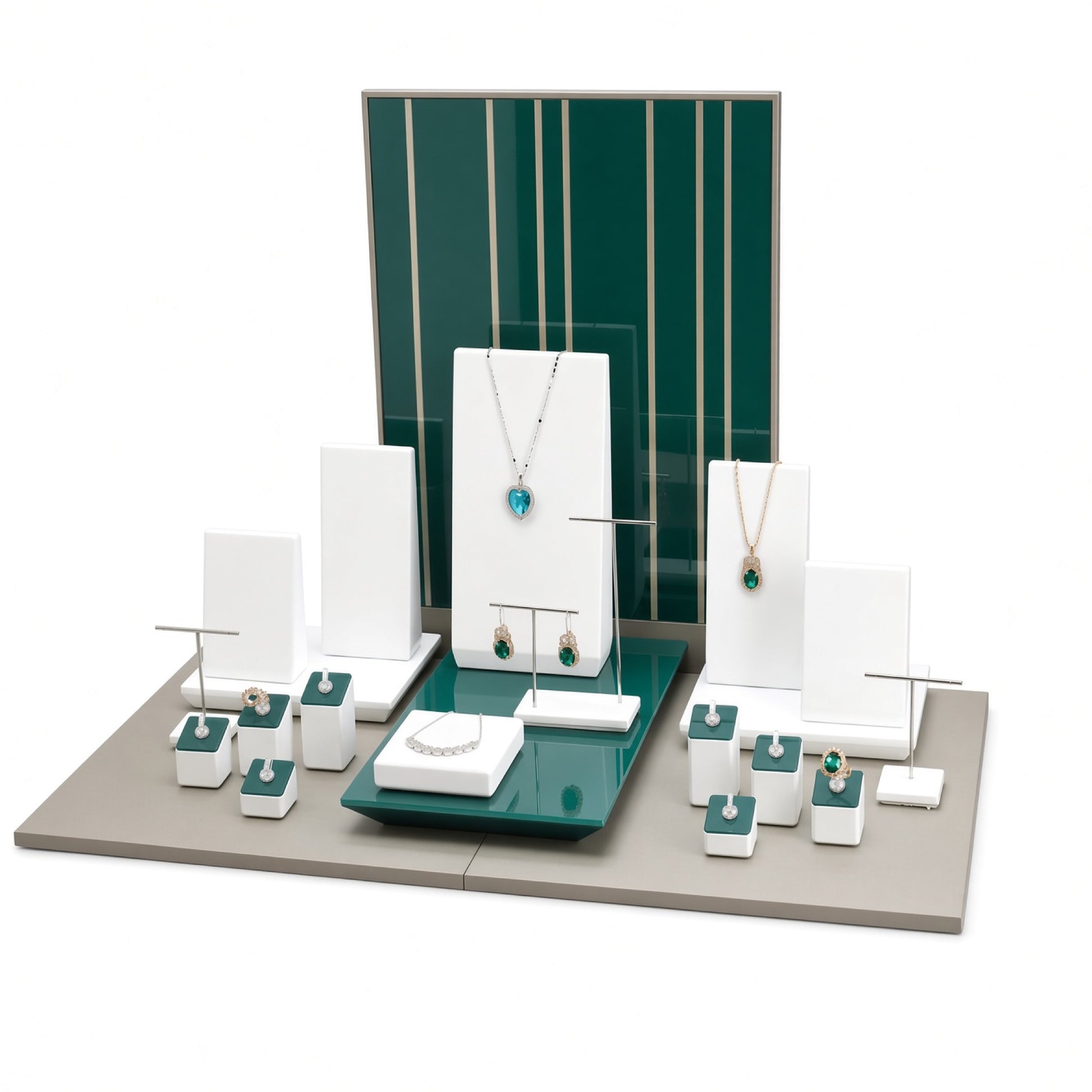 Custom Green Panel Jewelry Display Collection shown with the full backdrop and coordinated striped vertical panel, necklace boards, earring bars, ring blocks and a raised center tray for configuration review