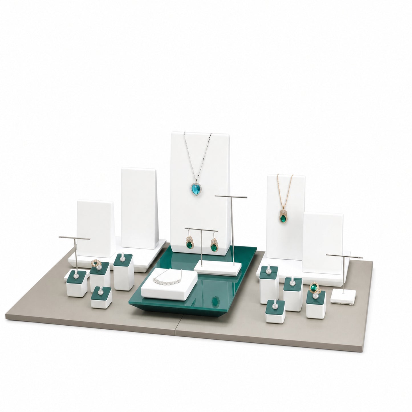Custom Green Panel Jewelry Display Collection shown without the backboard in a green, white and gold arrangement with jewelry visible on the display pieces