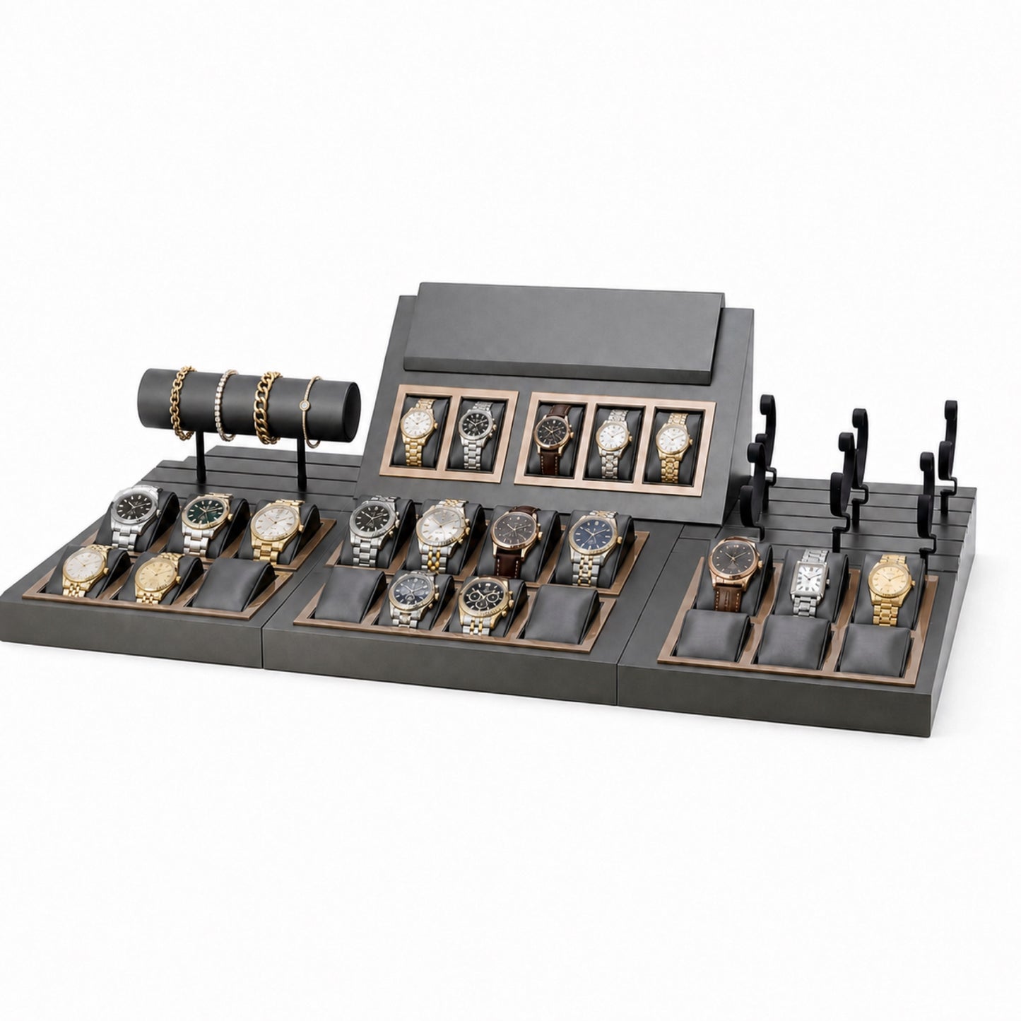 Custom Ivory Black Hook Watch Display Tray without the backboard, styled with watches and jewelry