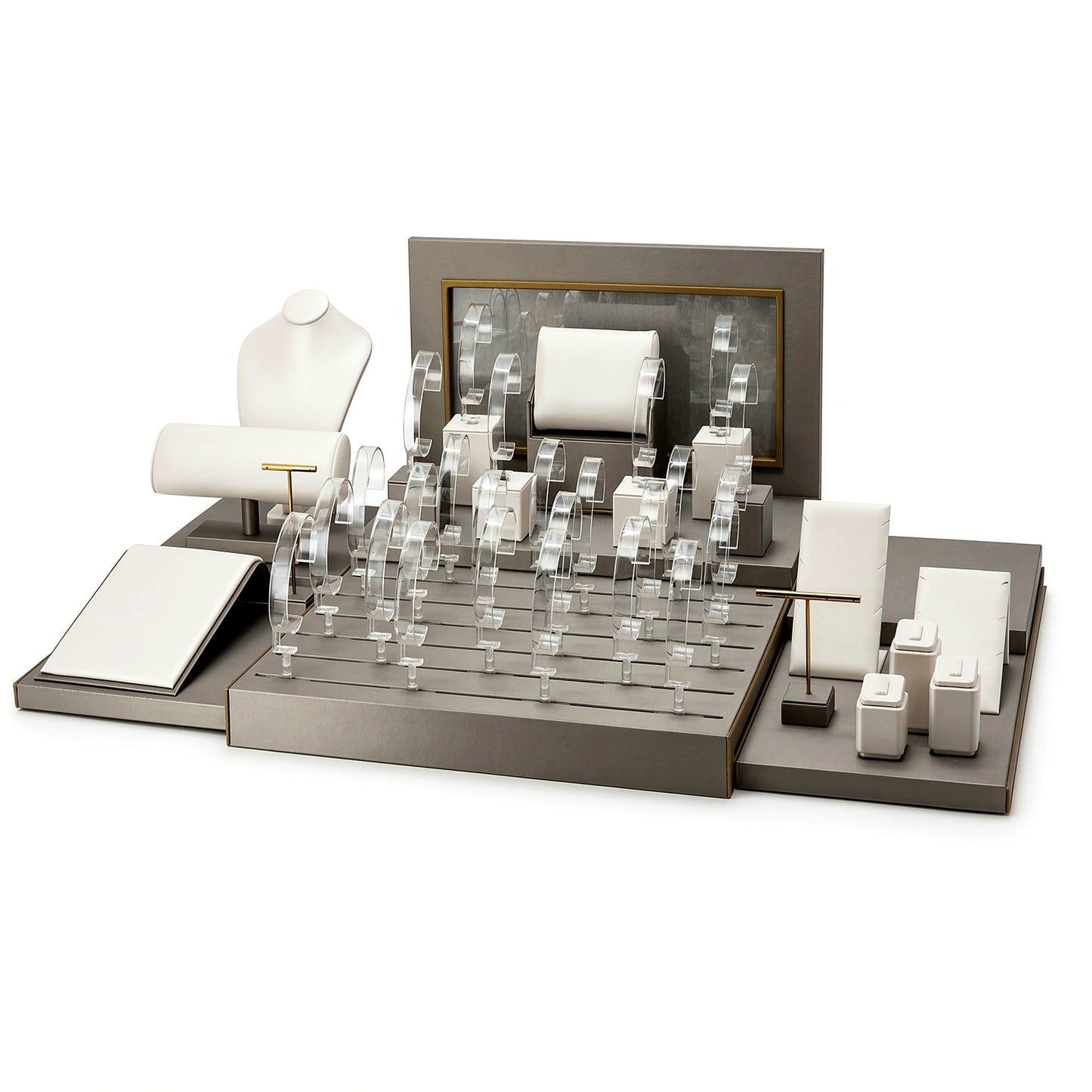 Custom Ivory Clear Watch Display Counter Set with the full backboard for configuration review