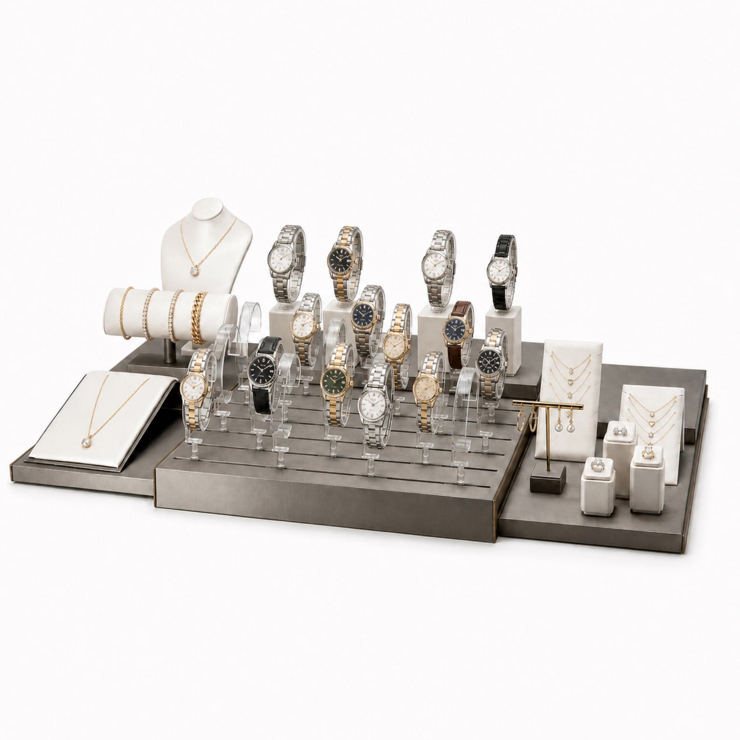 Custom Ivory Clear Watch Display Counter Set without the backboard, styled with watches and jewelry