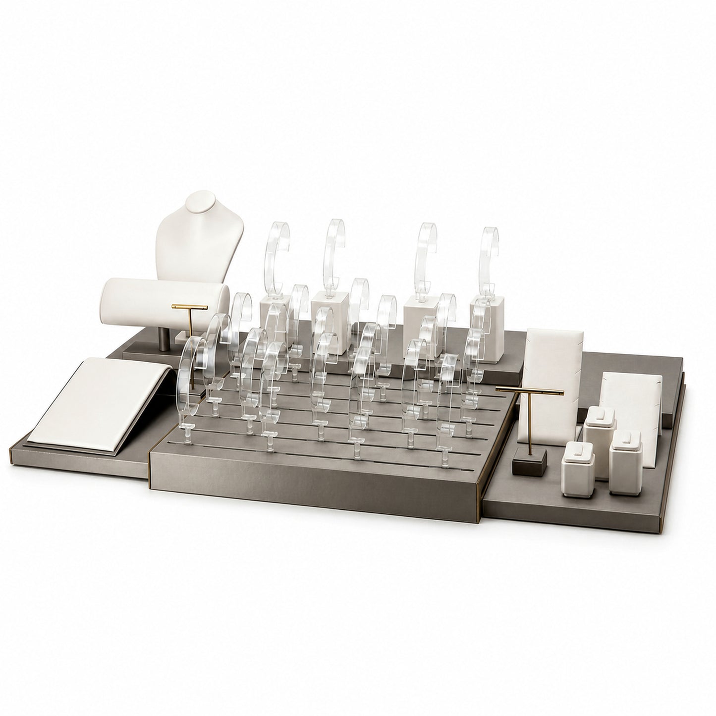 Custom Ivory Clear Watch Display Counter Set without the backboard for configuration review