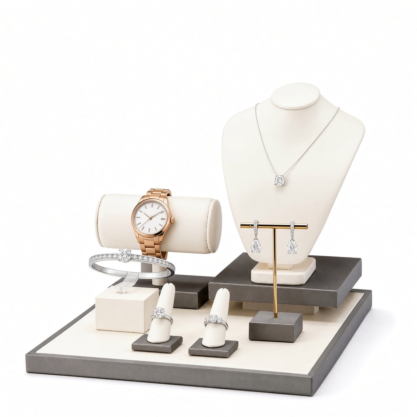 Custom Ivory Gray Multi-Level Jewelry Display Set without the backboard, styled with jewelry and watches across the coordinated display pieces