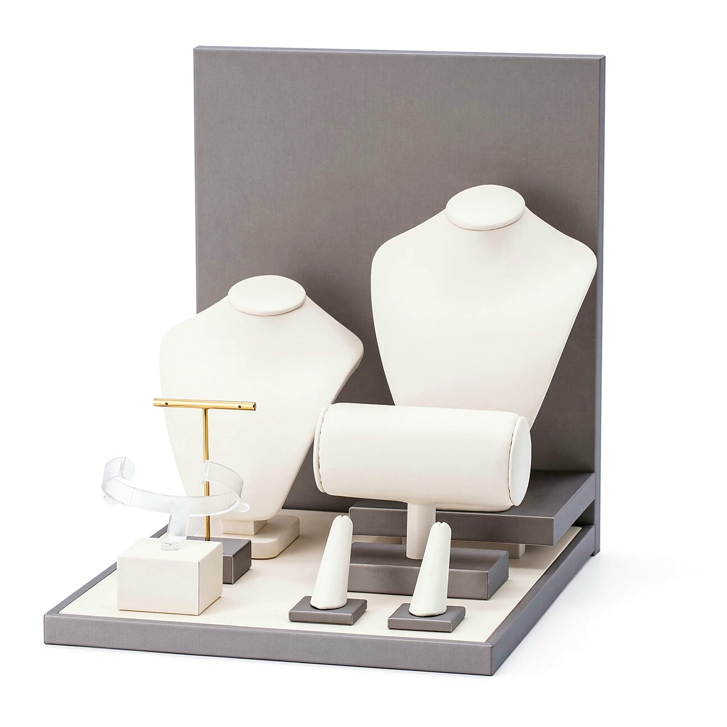 Custom Ivory Necklace Bust Jewelry Counter Display Set with the full backboard in ivory, gray and gold, showing the complete display configuration