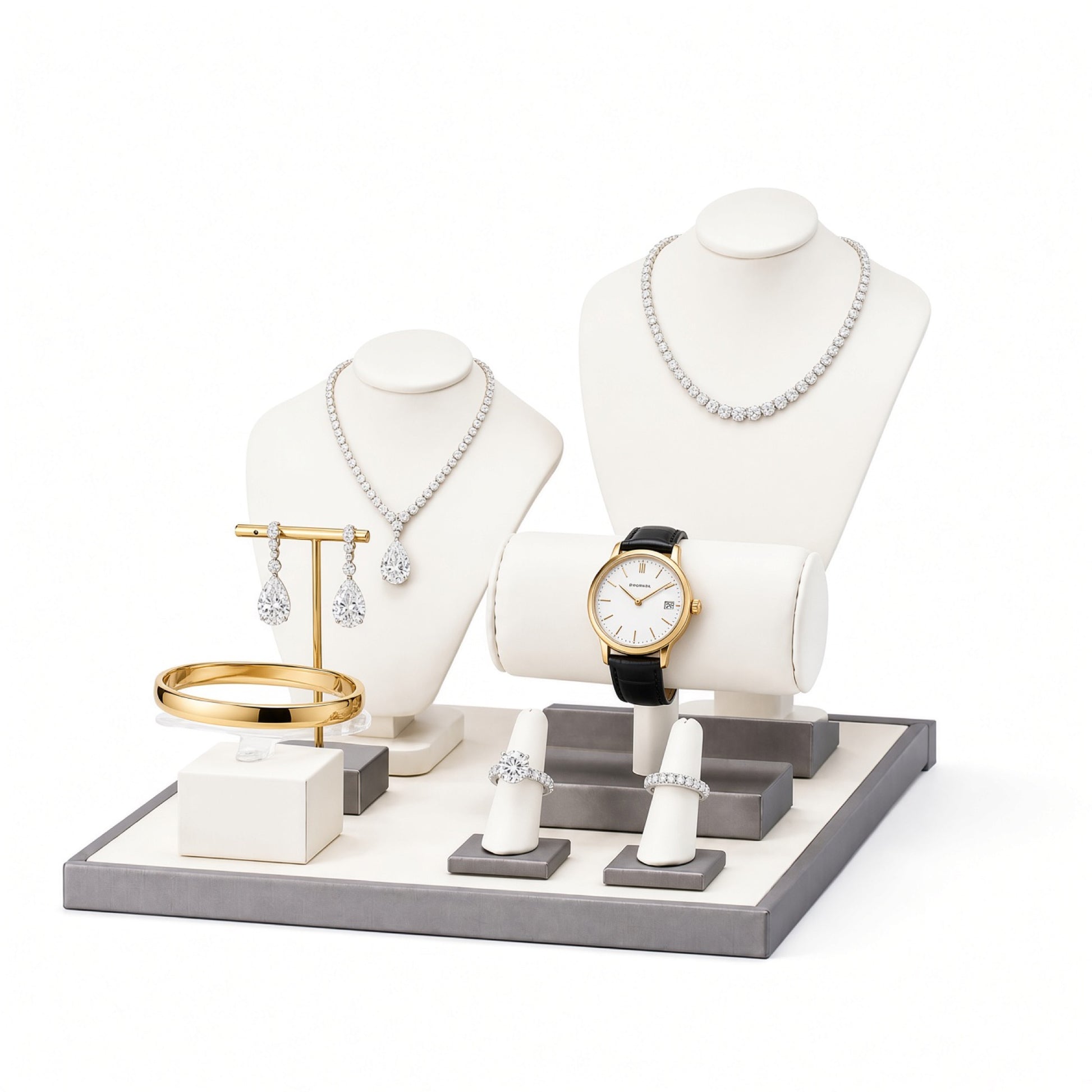 Custom Ivory Necklace Bust Jewelry Counter Display Set without the backboard, styled with jewelry and a watch across the coordinated display pieces