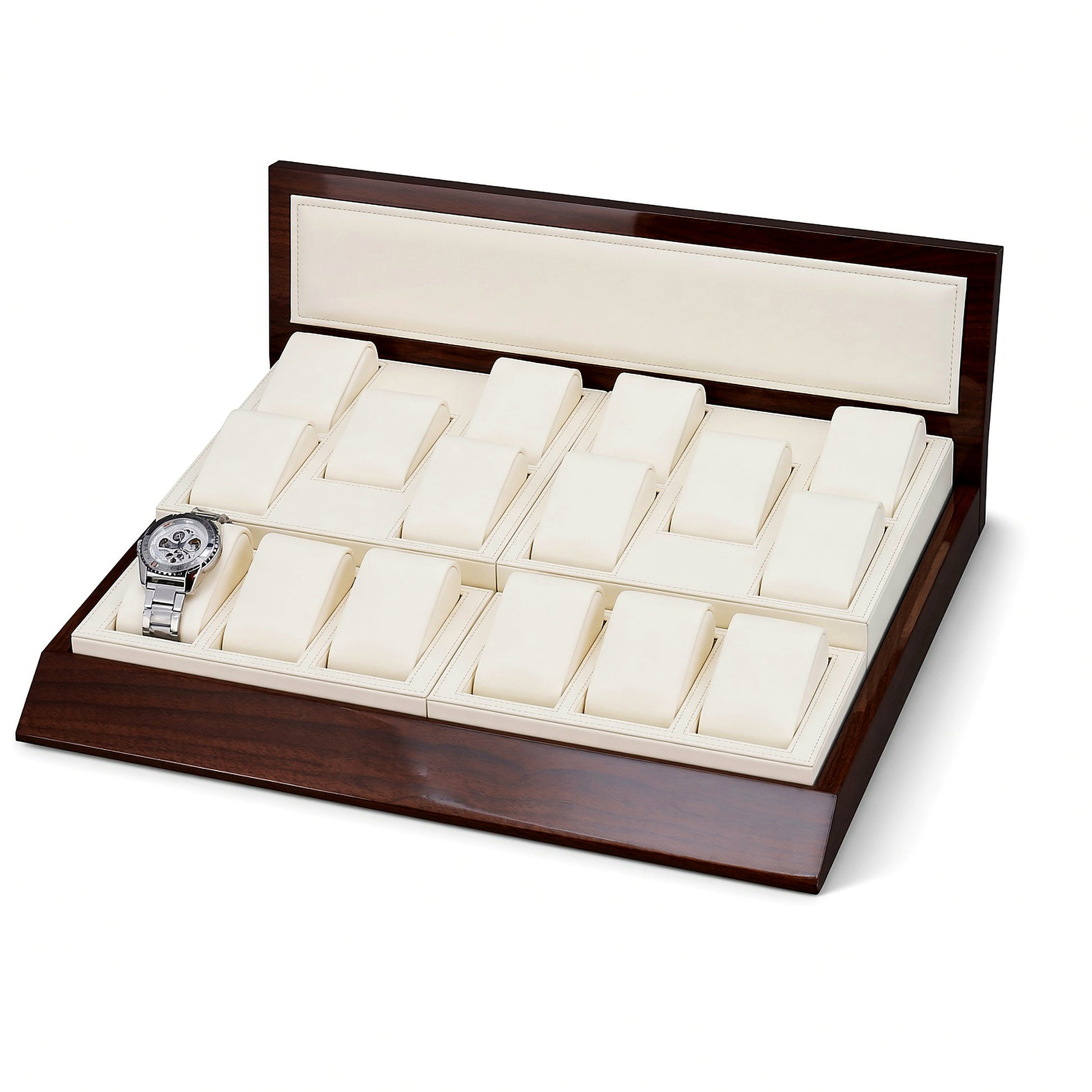 Custom Ivory Wood Watch Pillow Display Tray with the full backboard for configuration review