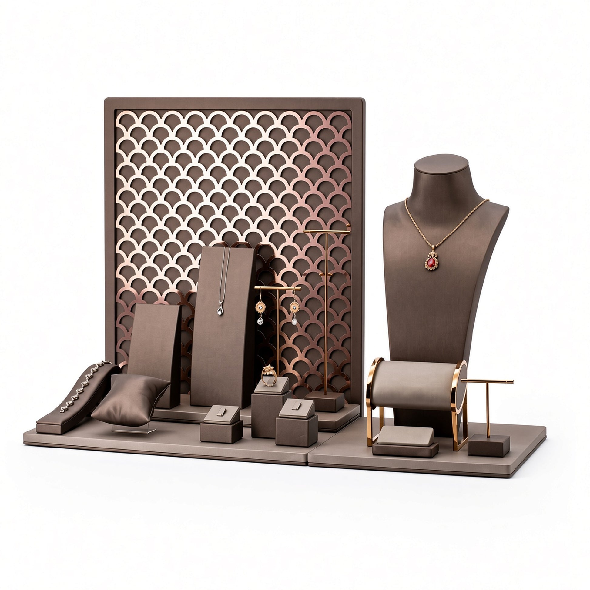Custom Lattice Backdrop Jewelry Display Set shown with the full backdrop and coordinated scalloped lattice panel, necklace bust, slanted boards, pillows, T-bars and small blocks for configuration review