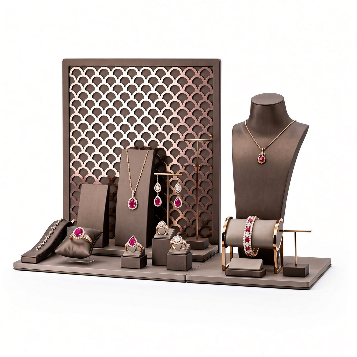 Custom Lattice Backdrop Jewelry Display Set with the full backdrop, styled with assorted necklaces, earrings, rings and bracelets