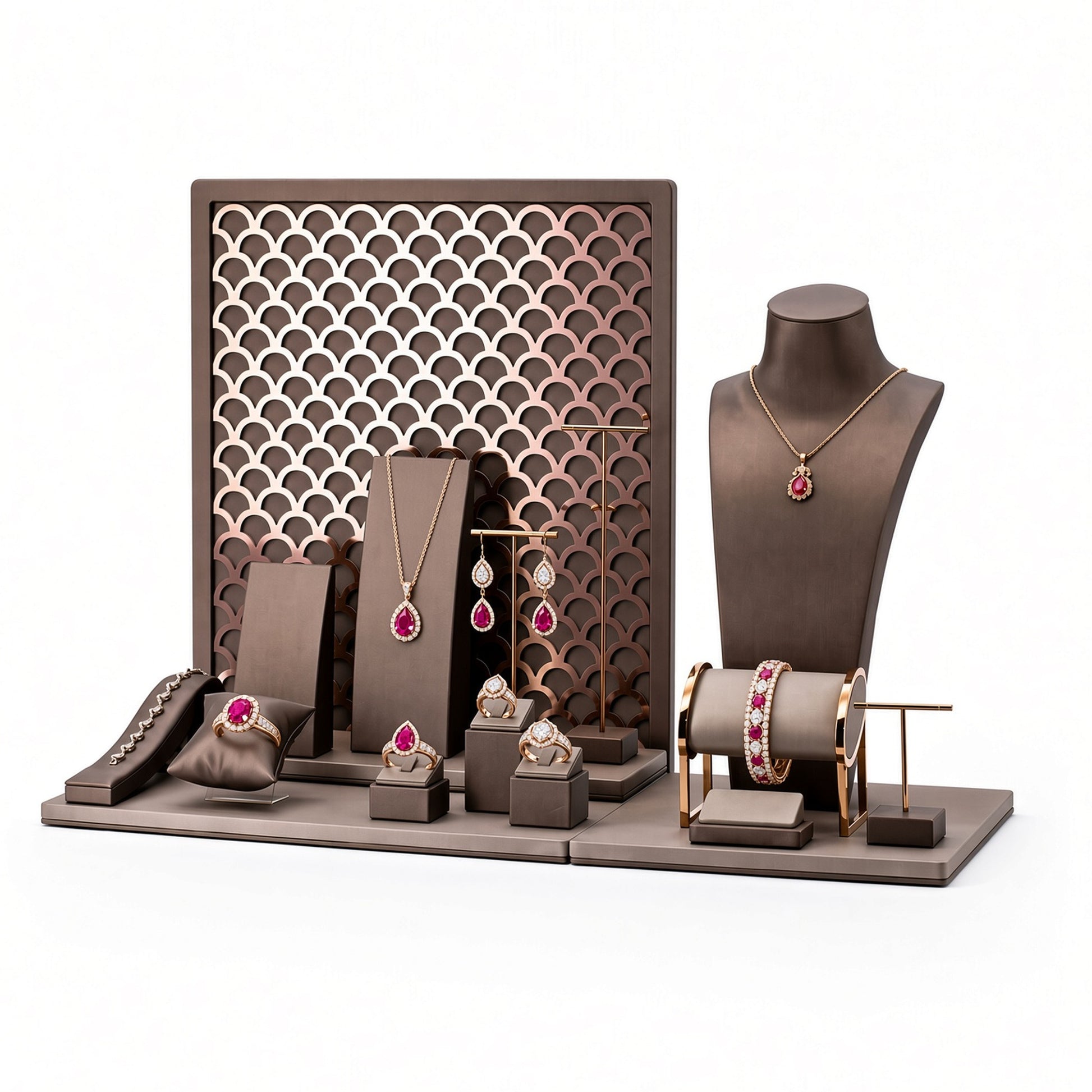 Custom Lattice Backdrop Jewelry Display Set with the full backdrop, styled with assorted necklaces, earrings, rings and bracelets