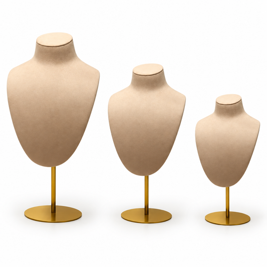 Khaki metal portrait necklace display busts in three heights on a pure white background