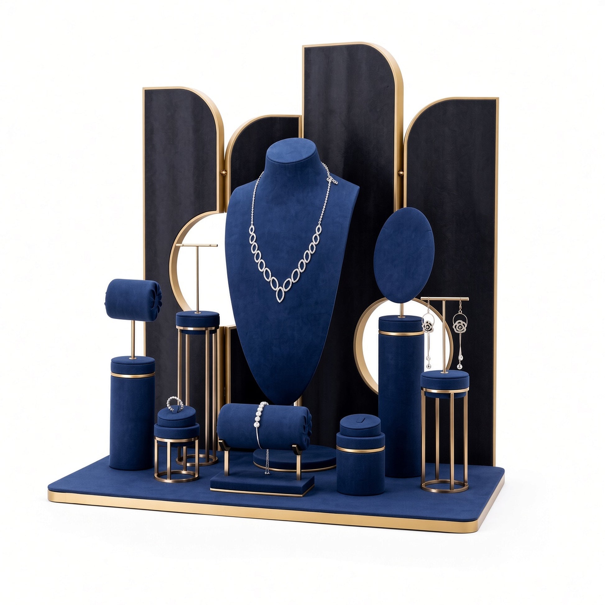 Custom Navy Rounded-Panel Jewelry Display Showcase shown with the full backdrop and coordinated rounded panels, tall bust, oval board, cylindrical plinths, T-bars and bracelet roll for configuration review