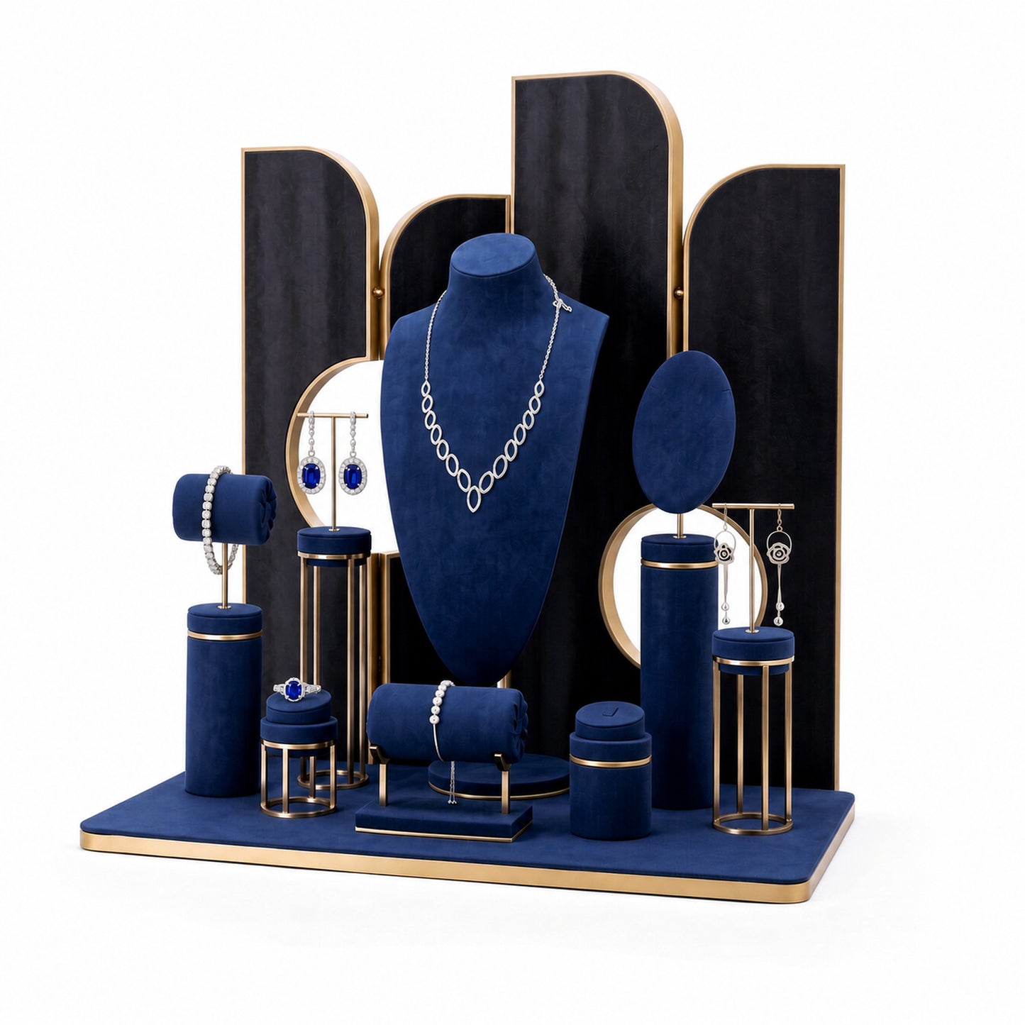 Custom Navy Rounded-Panel Jewelry Display Showcase with the full backdrop, styled with assorted necklaces, earrings, rings and bracelets