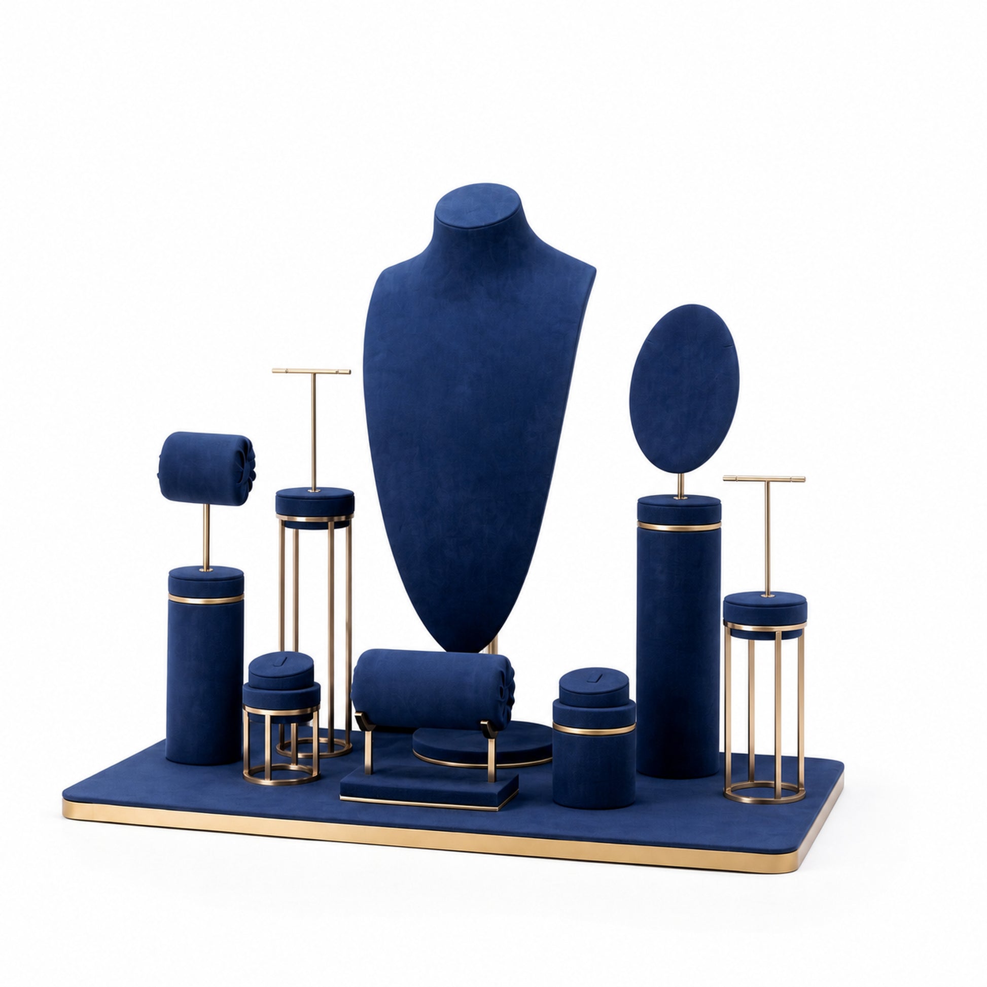 Custom Navy Rounded-Panel Jewelry Display Showcase shown without the backboard in a navy and gold arrangement with the display pieces presented for configuration review