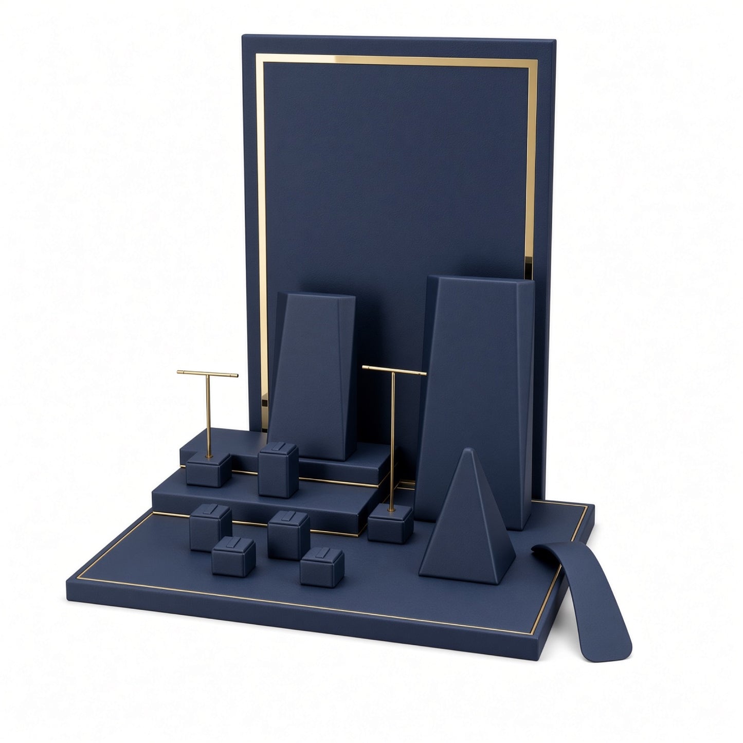 Custom Navy Tiered Jewelry Showcase Display Set shown with the full backdrop and coordinated tiered platforms, two vertical necklace boards, T-bars, ring blocks and a curved bracelet ramp for configuration review