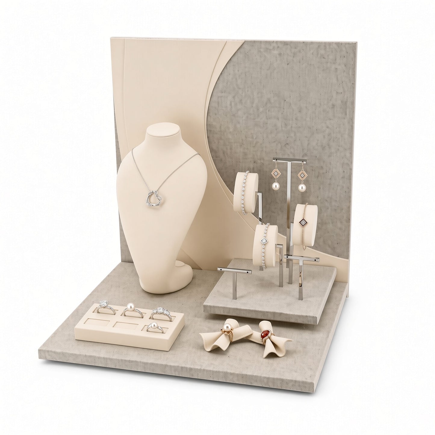 Custom Neutral Curved-Backdrop Retail Jewelry Display with the full backdrop, styled with assorted necklaces, earrings, rings and bracelets