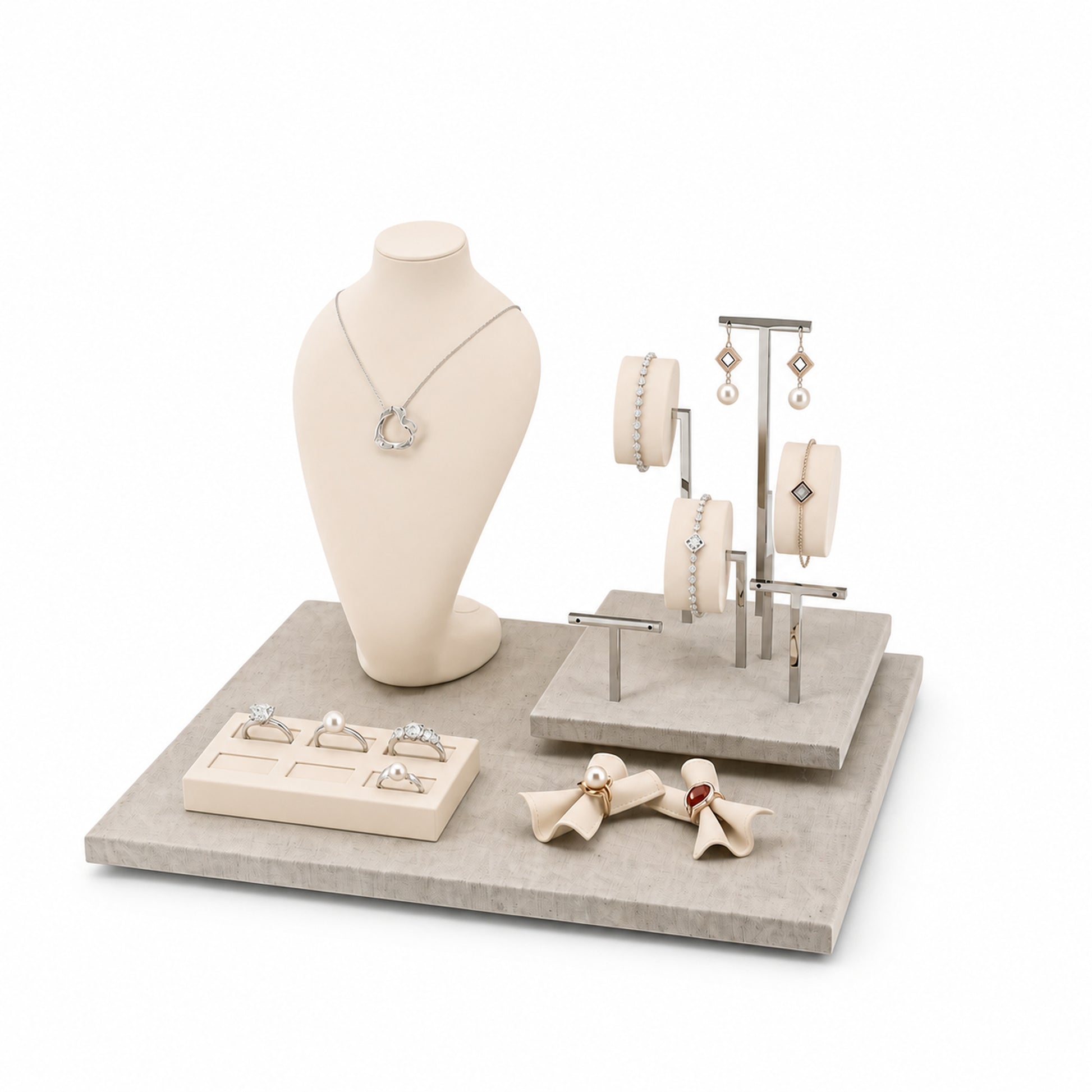 Custom Neutral Curved-Backdrop Retail Jewelry Display without the backboard, styled with necklaces, earrings, rings and bracelets across the coordinated display pieces