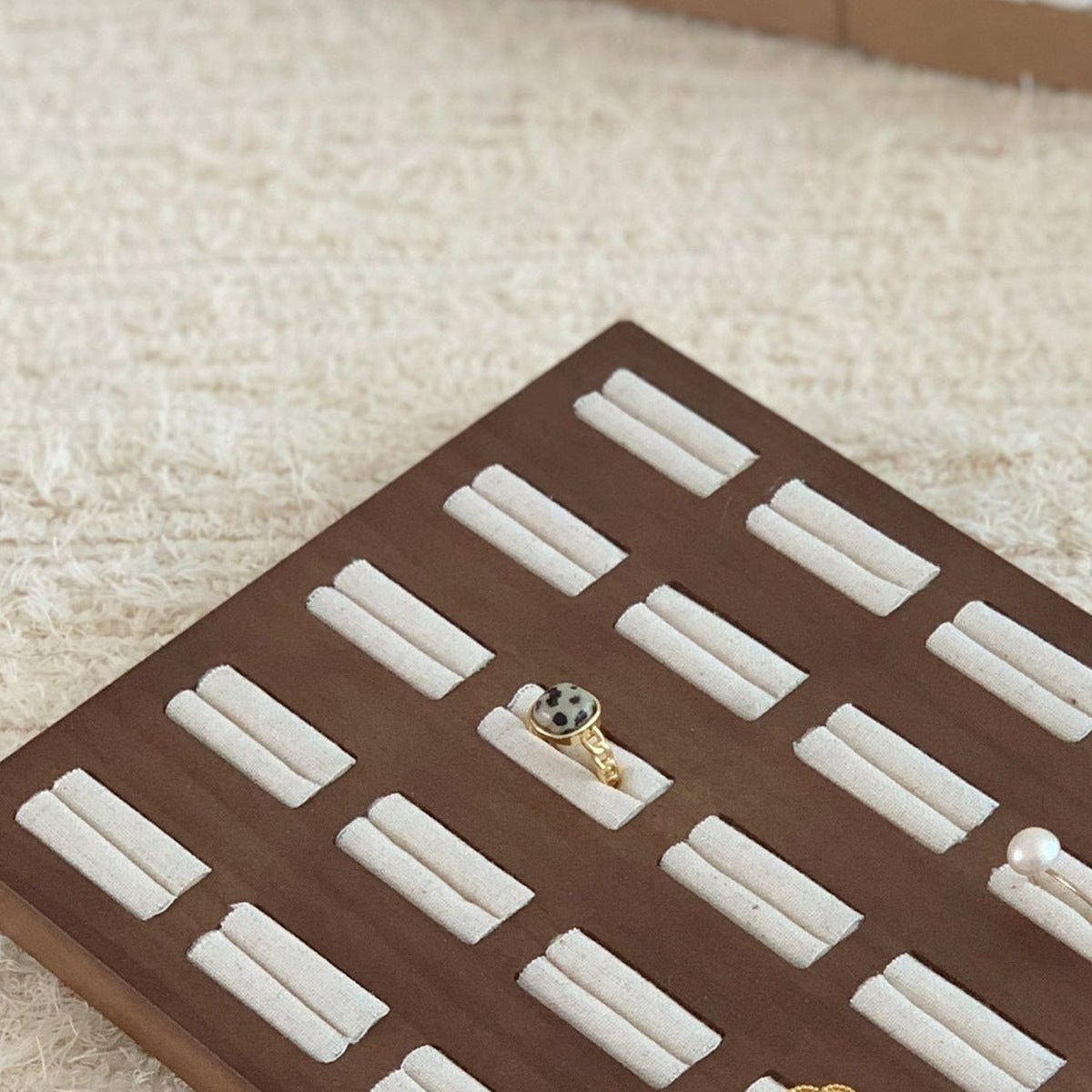 Walnut wood ring display tray with 25 slots for jewelry retail displays